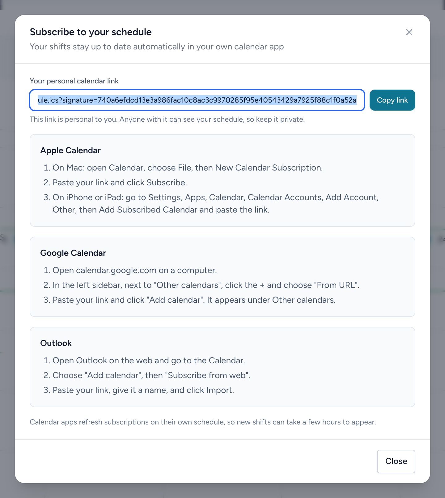 The subscribe window with your personal calendar link and steps for each calendar app.