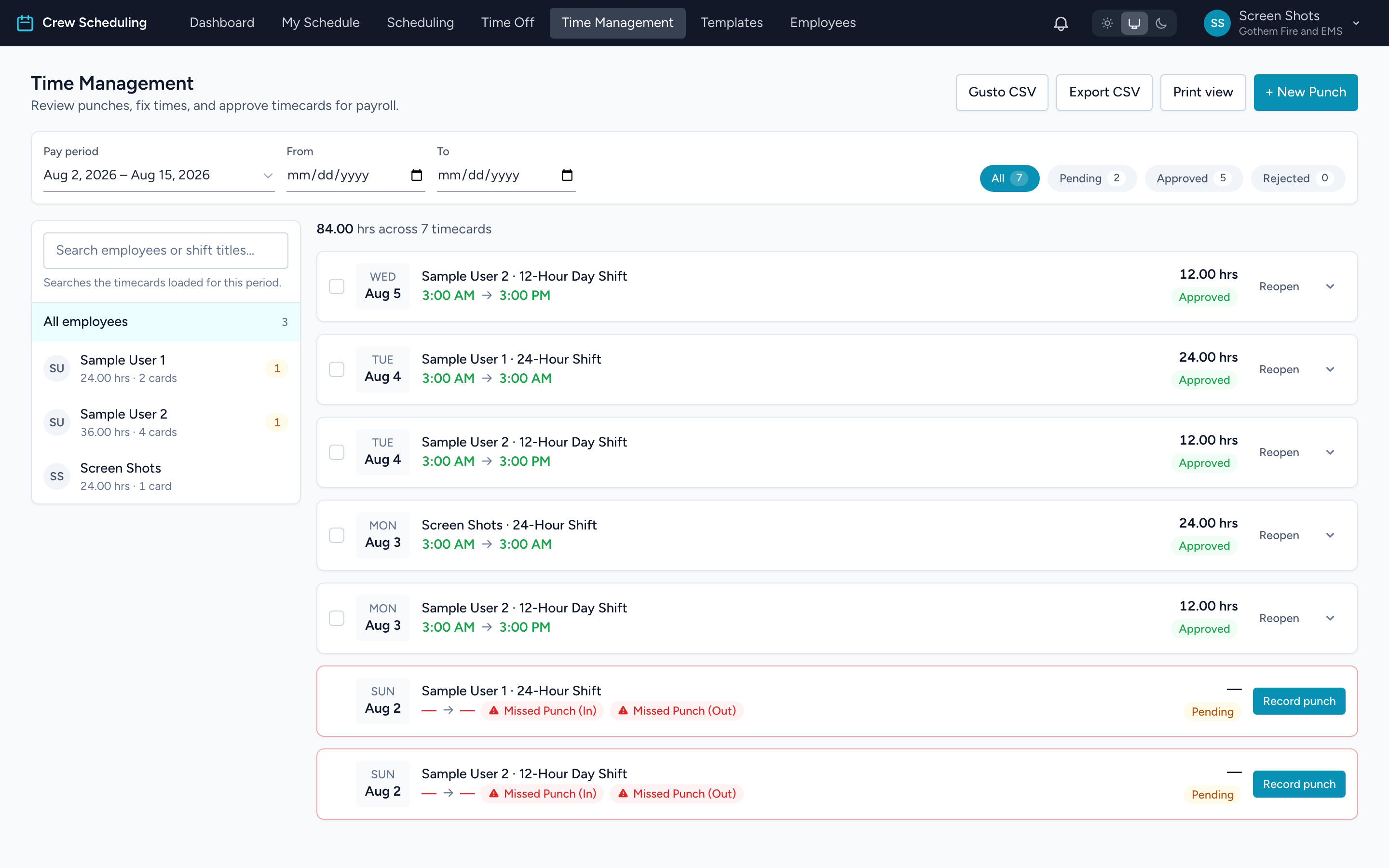 The Time Management page with filters, the employee panel, and timecard rows.
