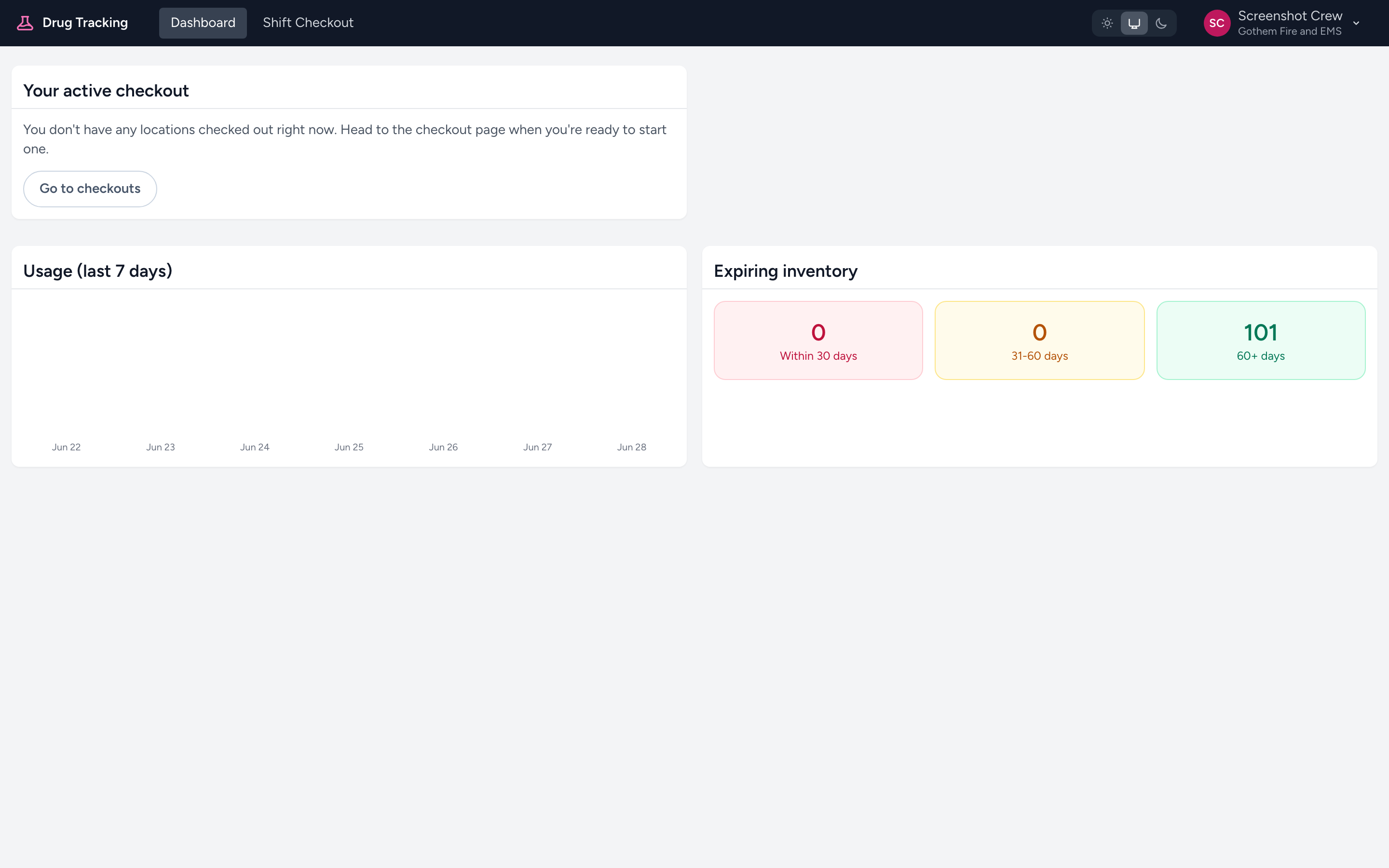 The Drug Tracking dashboard as a crew member sees it, with the Your active checkout card.