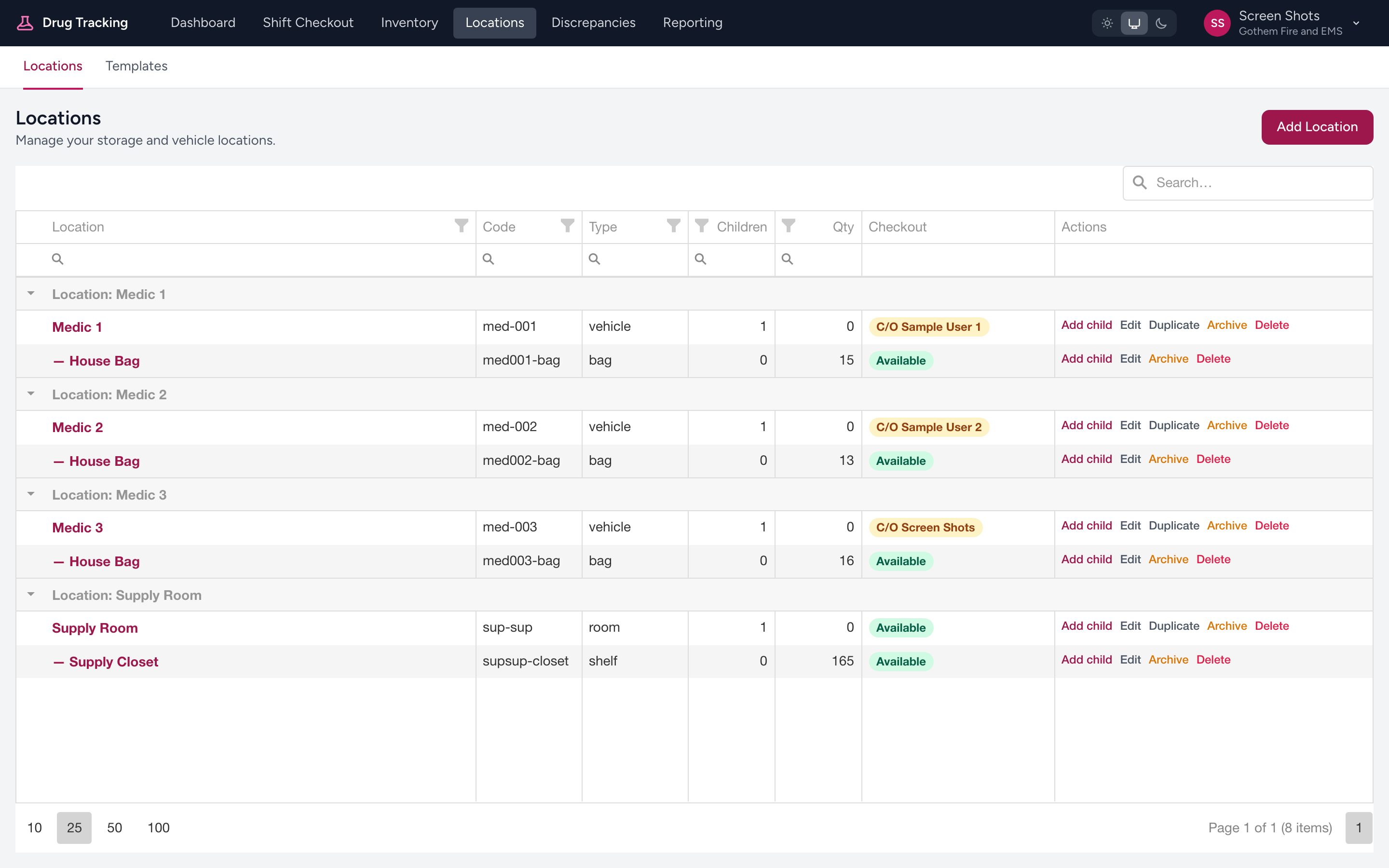 The Locations page showing the agency storage hierarchy with each location's type, on-hand quantity, and checkout status.