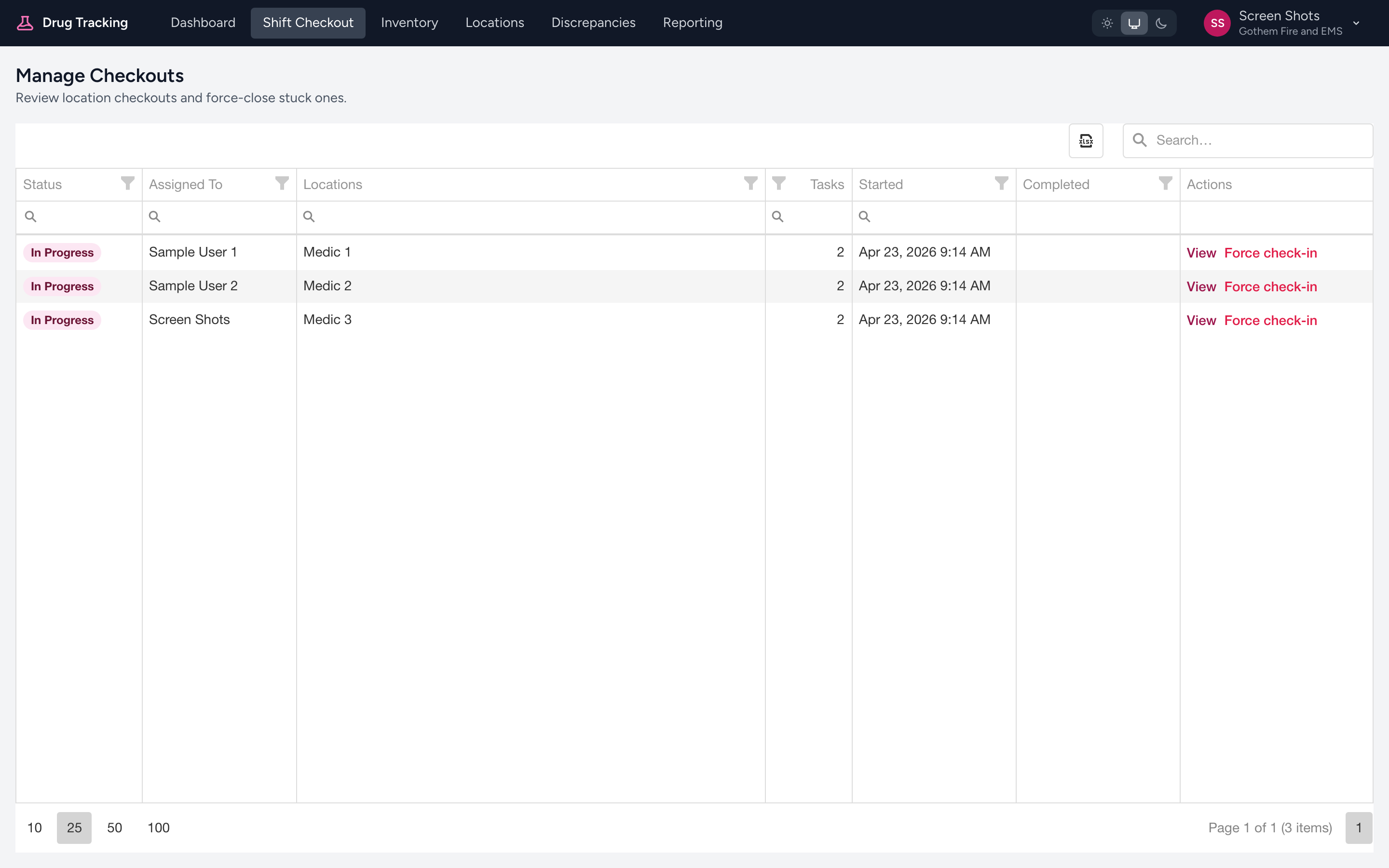 The Manage Checkouts page listing every checkout with status, who it is assigned to, locations, and start and finish times.