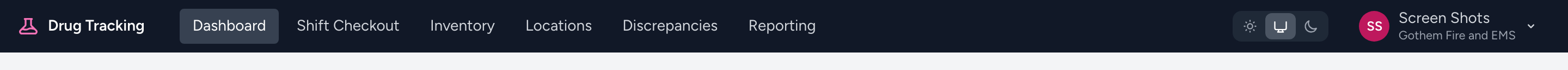 The Drug Tracking navigation with Dashboard and Shift Checkout, plus the admin-only Inventory, Locations, Discrepancies, and Reporting links.