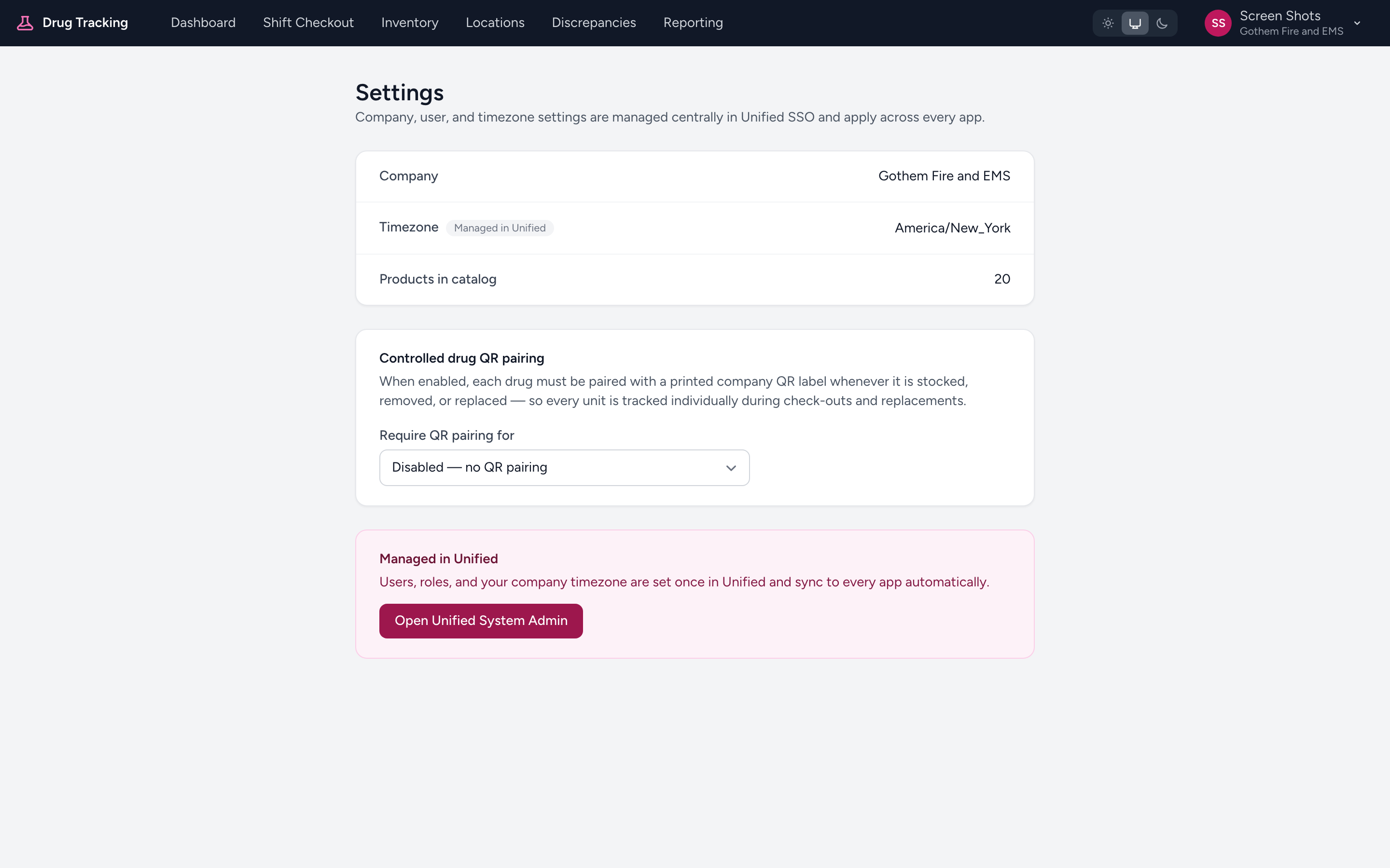The Controlled drug QR pairing setting in Settings, with the Require QR pairing for dropdown.