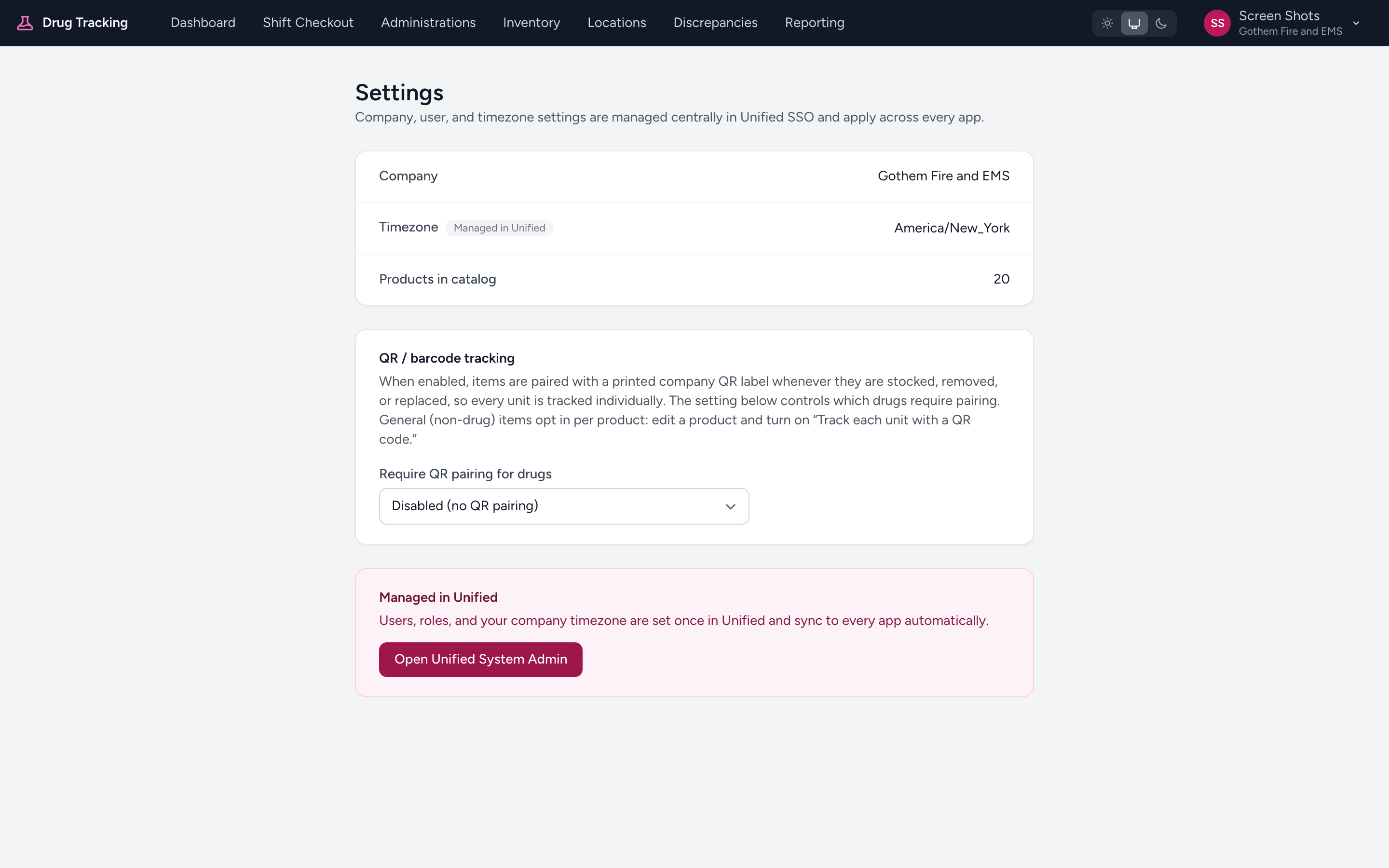 The QR / barcode tracking card in Settings, with the Require QR pairing for drugs dropdown.