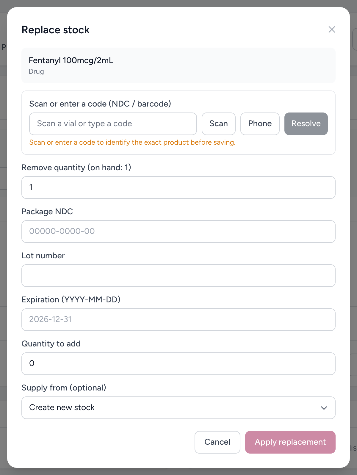 The Replace stock dialog showing the removed unit at the top, a Scan or enter a code field with Scan and Phone buttons, and lot number and expiration fields for the new unit.