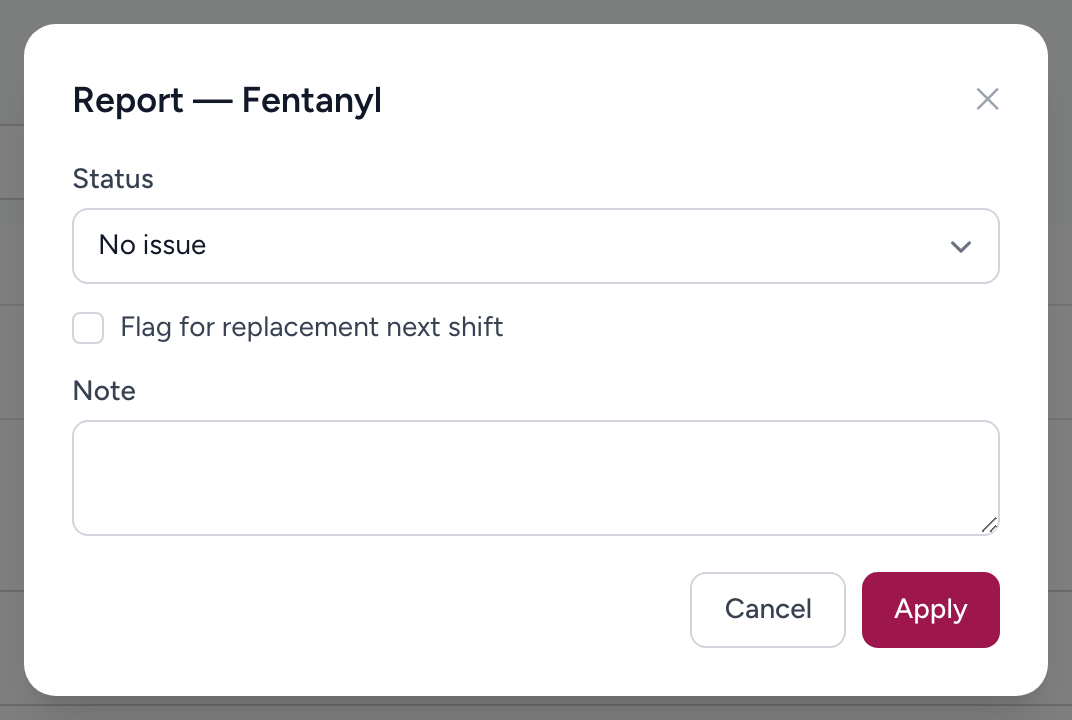 The Report dialog for an item, with a Status dropdown (Short, Over, Replace next shift), a quantity field, a Flag for replacement next shift checkbox, and a note.