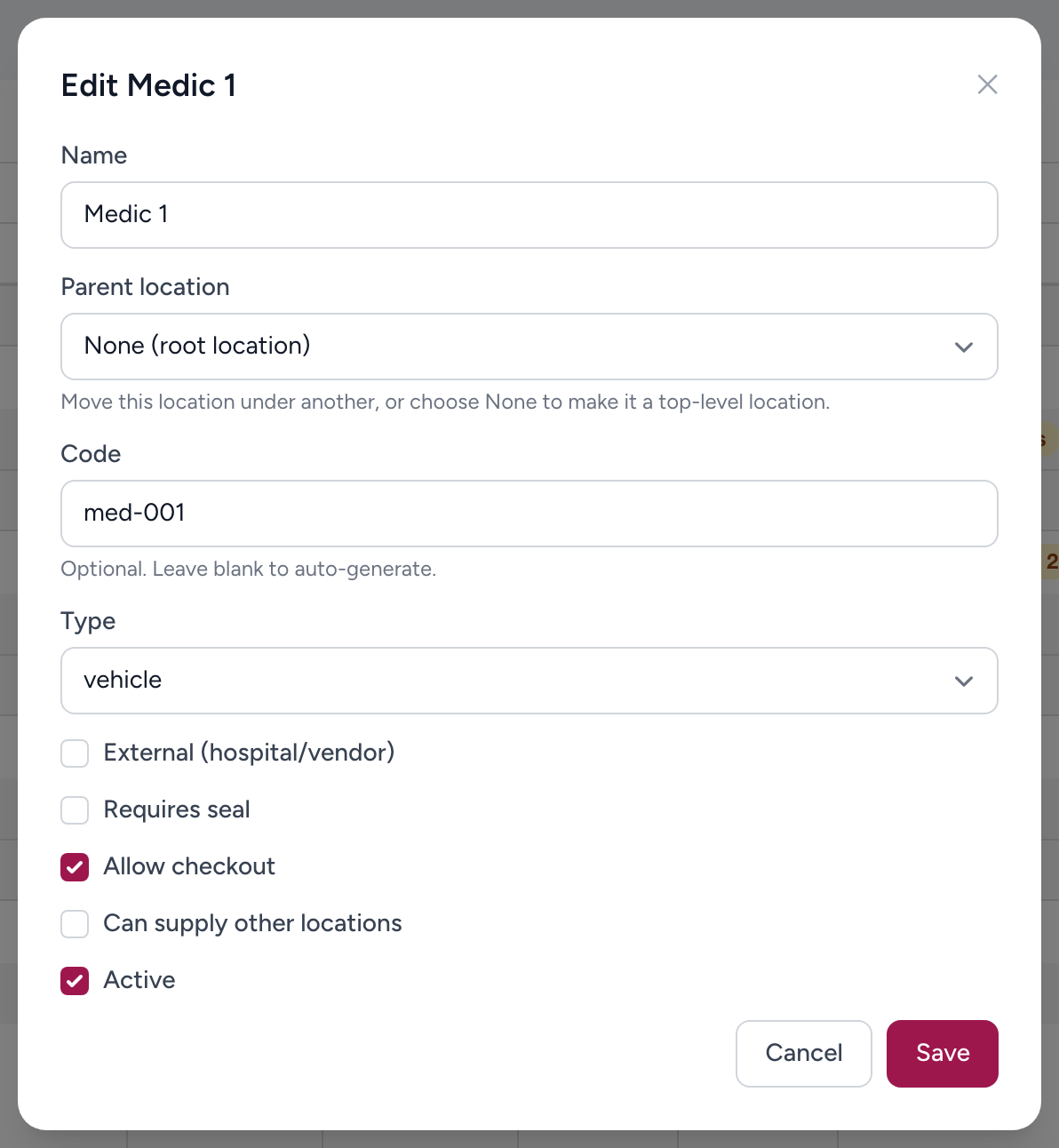 The location edit dialog with the Requires seal toggle that an admin turns on for a secure location.
