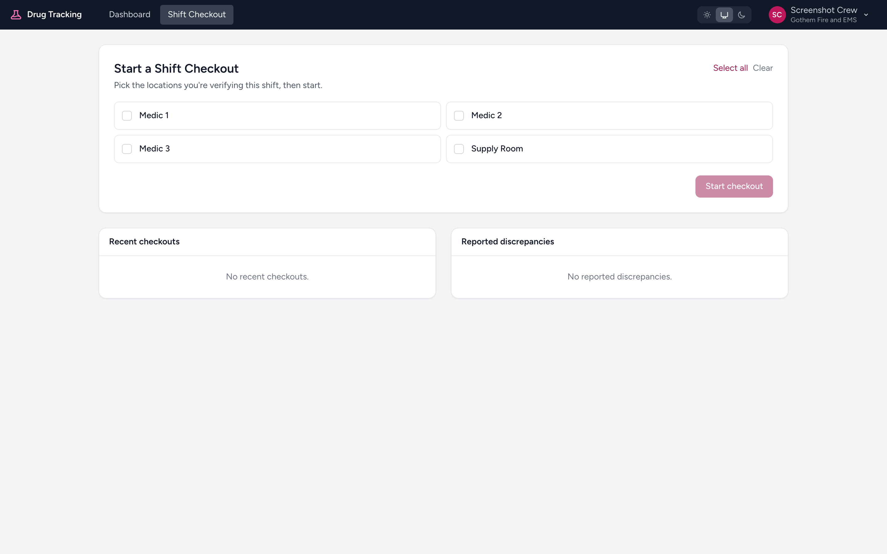 The Start a Shift Checkout card with selectable locations and the Start checkout button.