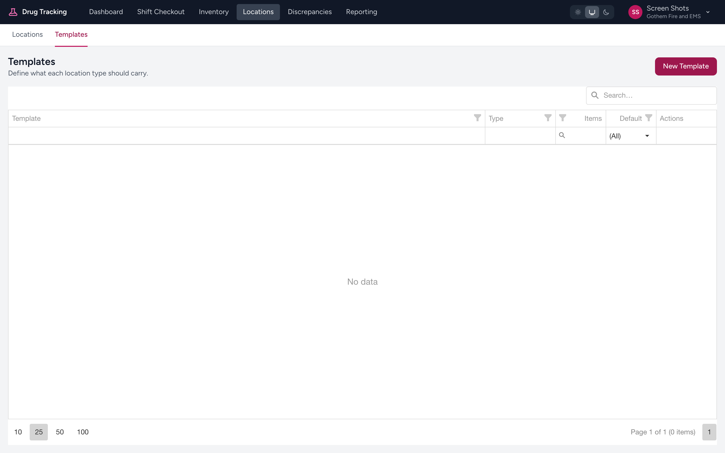 The Templates list showing each stocking template, its location type, how many items it carries, and whether it is the default.