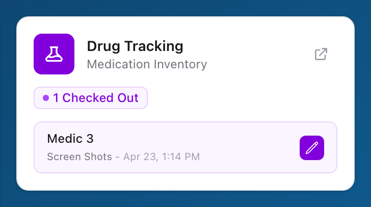 The Drug Tracking tile on the Unified Solutions dashboard, showing active checkouts and a link into the app.