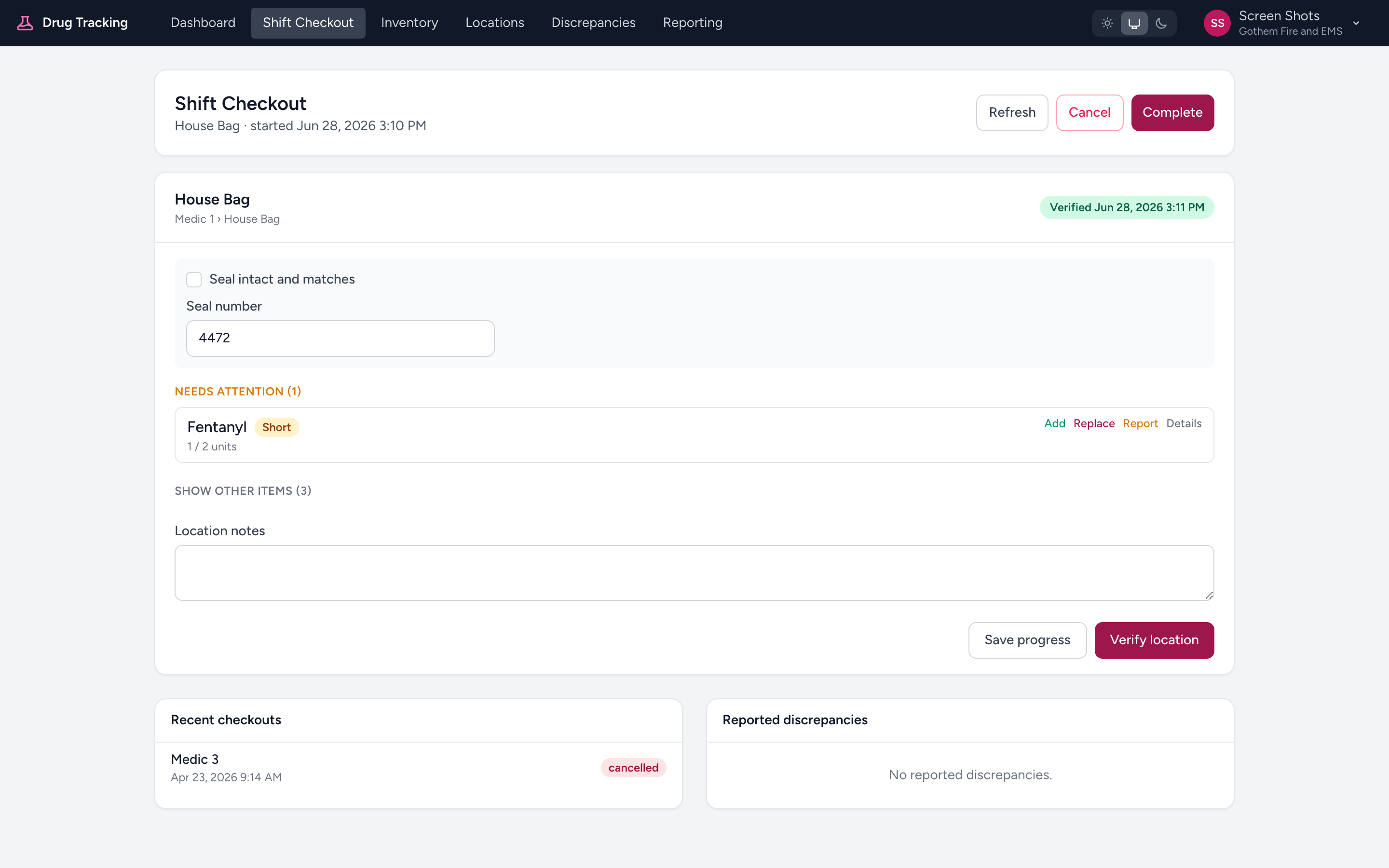 An active checkout: a location card with items to verify, a flagged Short item under Needs attention, and Verify location and Save progress buttons.