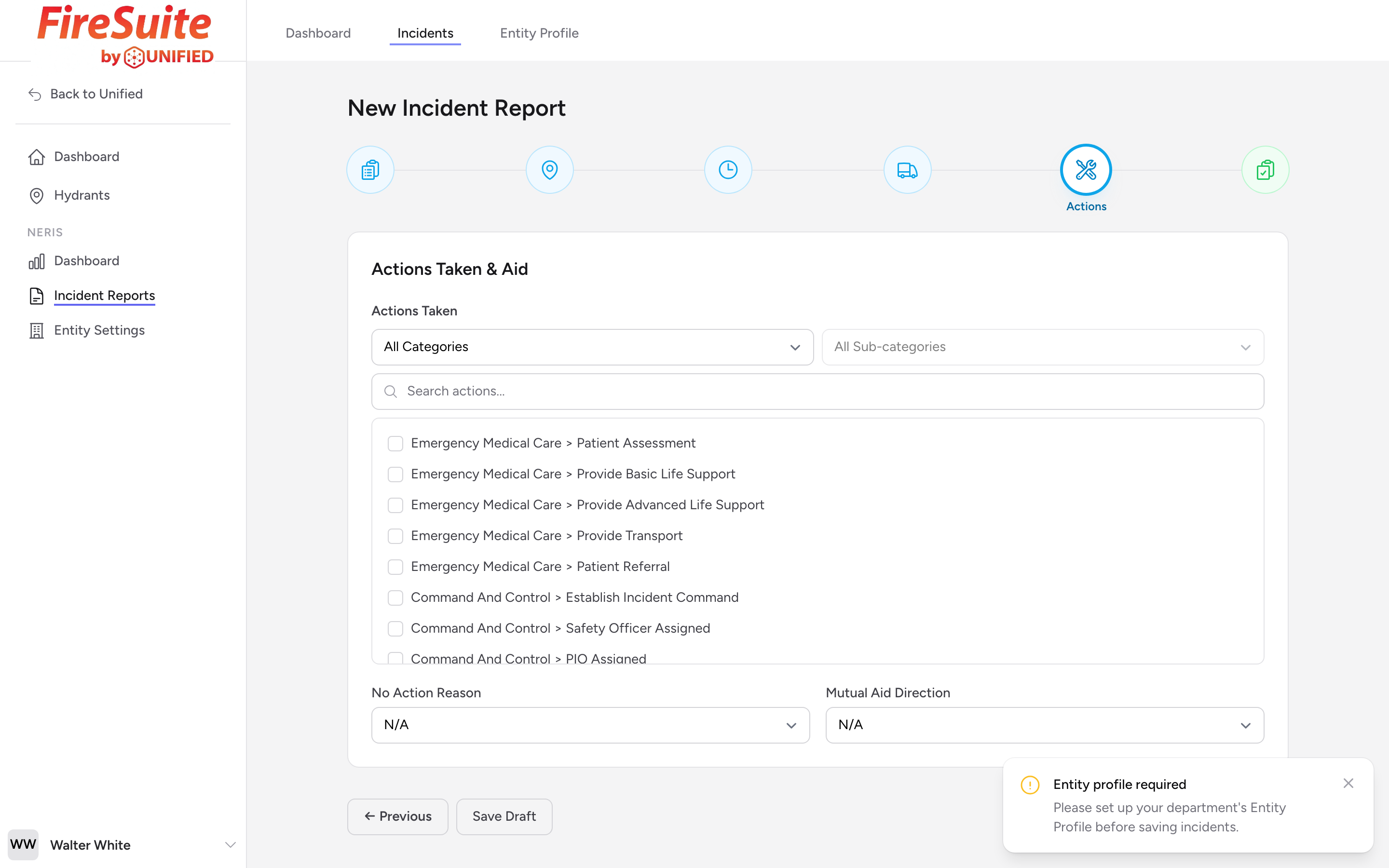 The Actions Taken and Aid step with category and sub-category dropdowns, a search box, the Actions Taken checkbox list, the No Action Reason dropdown, and the Mutual Aid Direction picker.