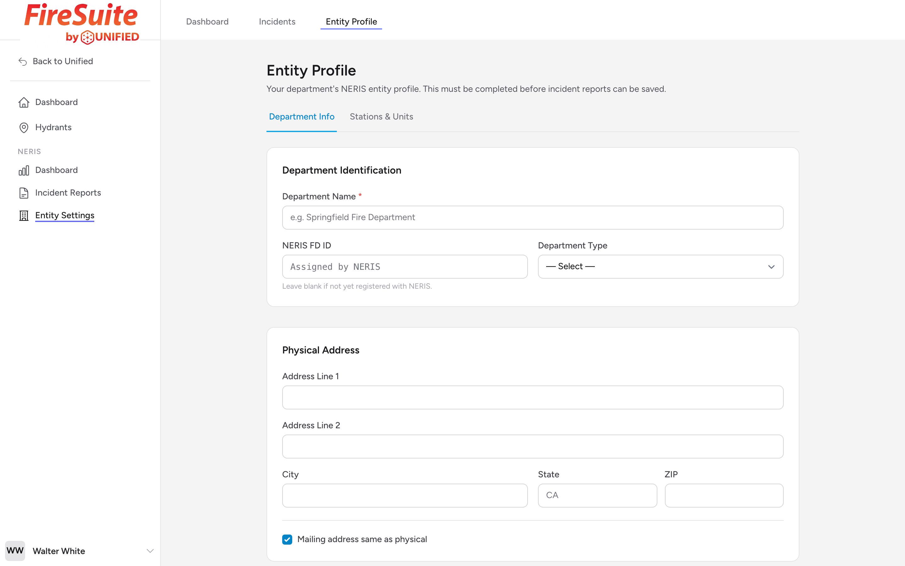 The Entity Settings page on the Department Info tab with the department identification, address, and staffing fields.