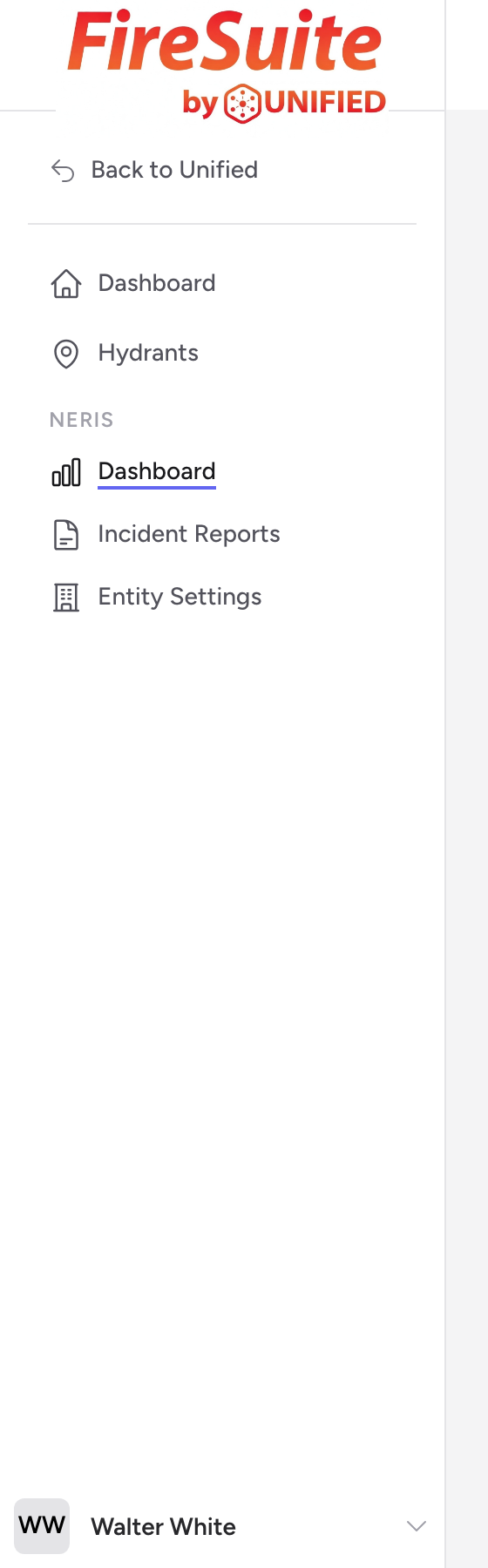 The Fire app sidebar navigation with Dashboard, Hydrants, and the NERIS section containing Dashboard, Incident Reports, and Entity Settings.