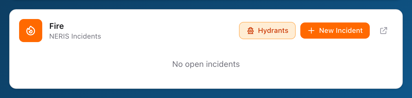 The Fire tile on the SSO dashboard with Hydrants, New Incident, and open-in-new-window buttons.