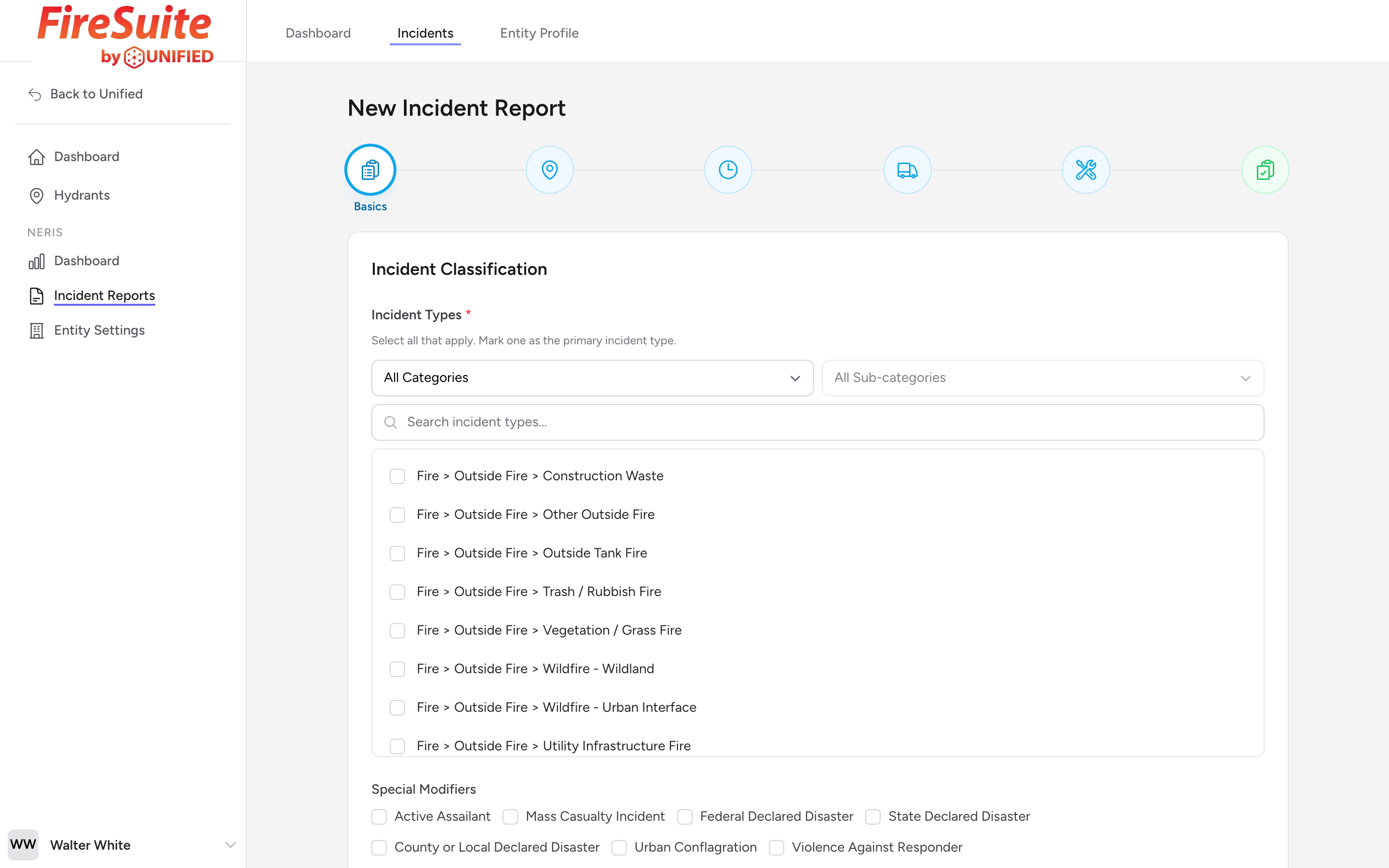 The Incident Basics step of the incident form with the Incident Classification heading, Incident Types picker, Special Modifiers, and Optional Modules checkboxes.