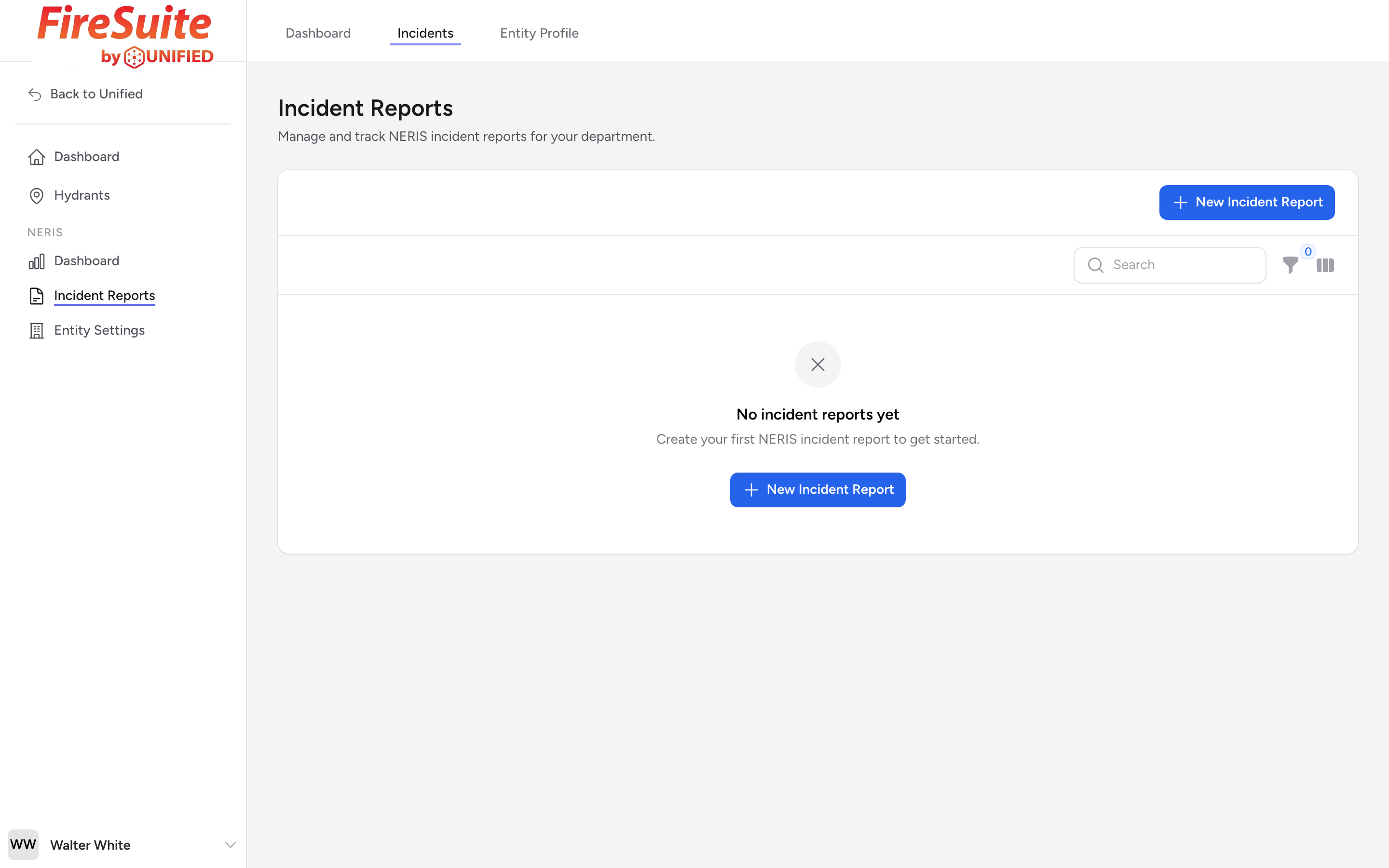 The Incident Reports list page with rows showing incident IDs, status badges, and incident types.