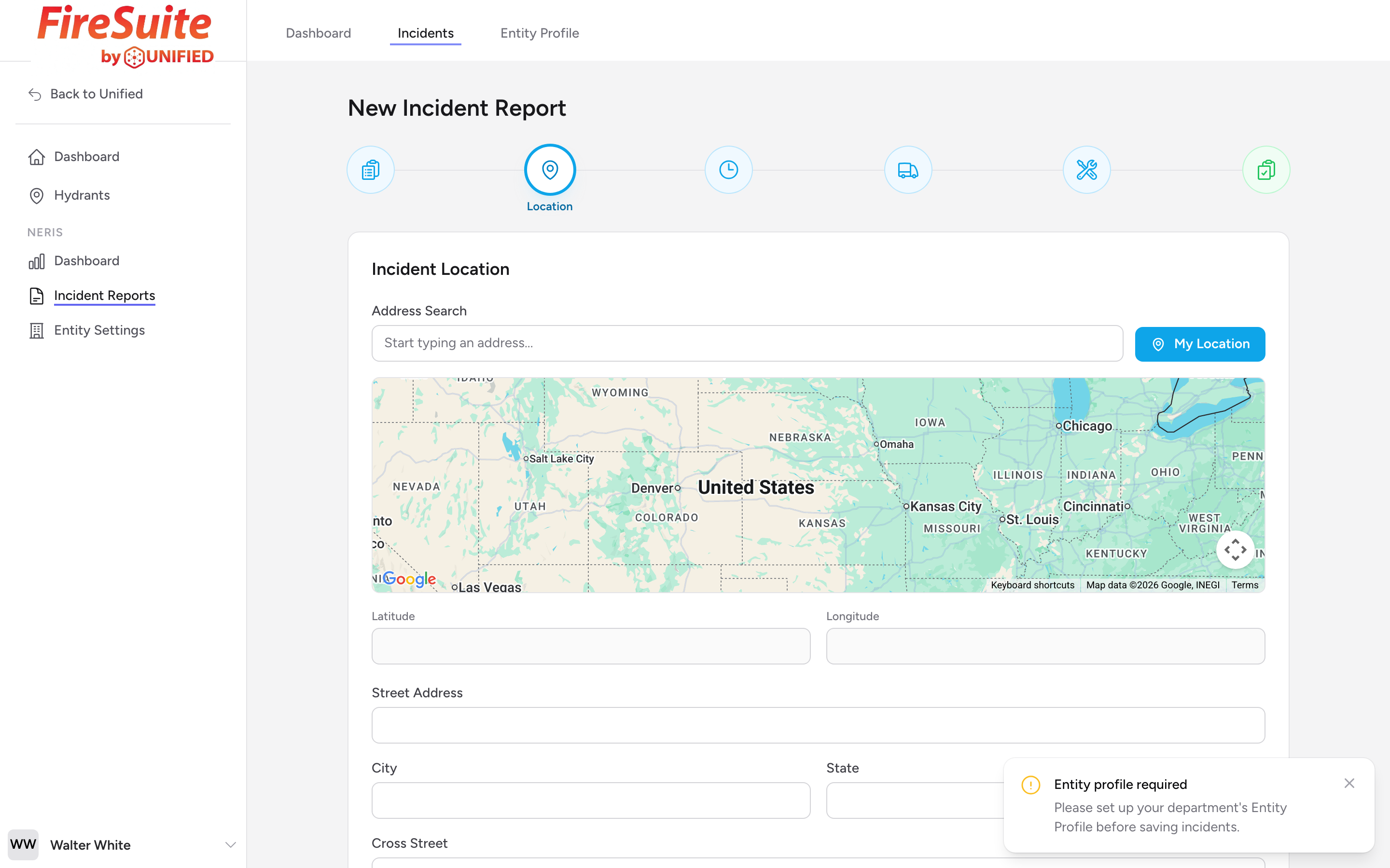 The Location step with the address search field, My Location button, the map, and the address fields below.