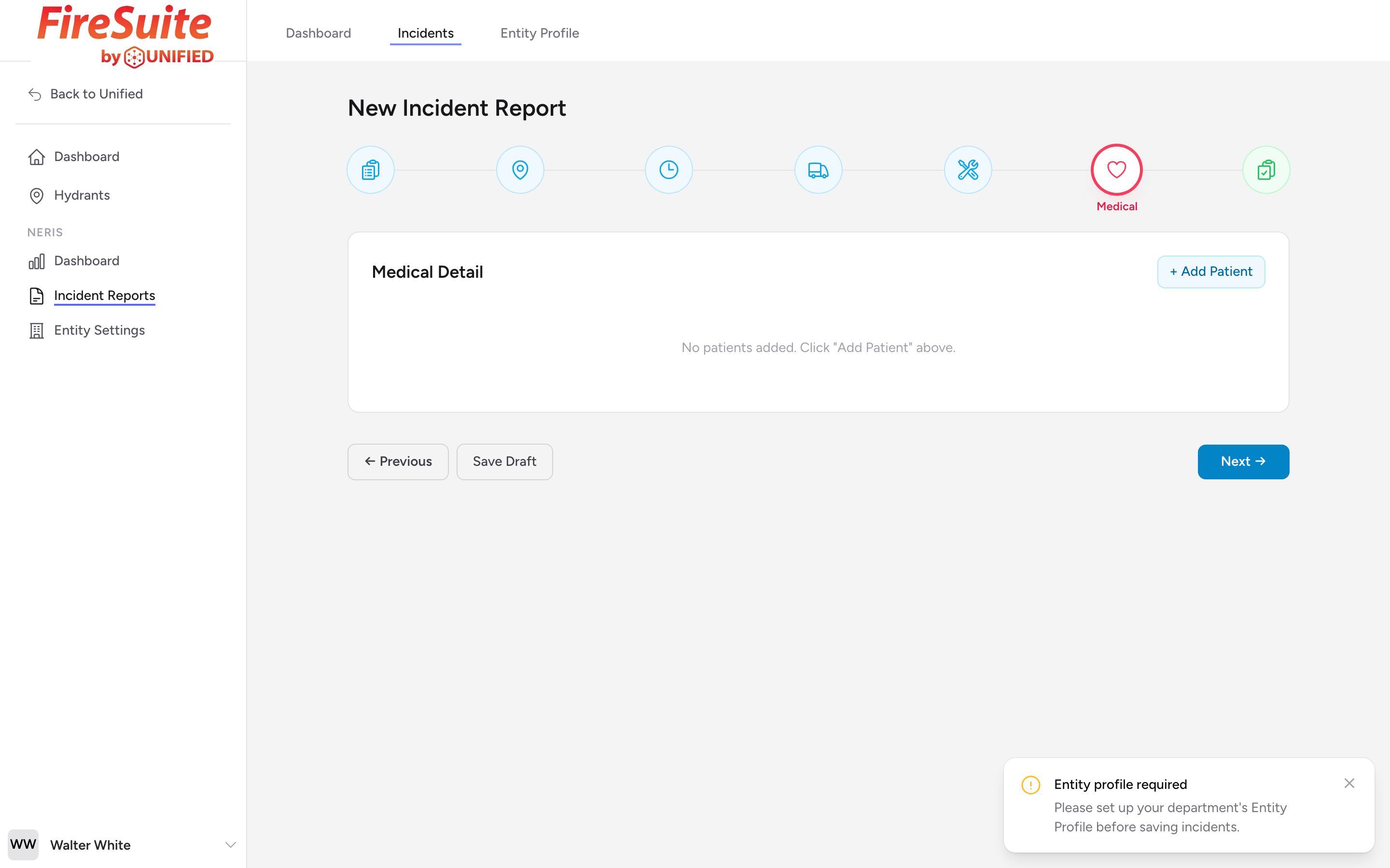 The Medical Detail step with one blank patient card showing Patient Care Report ID, Patient Care Evaluation, Patient Status, and Transport Disposition fields.