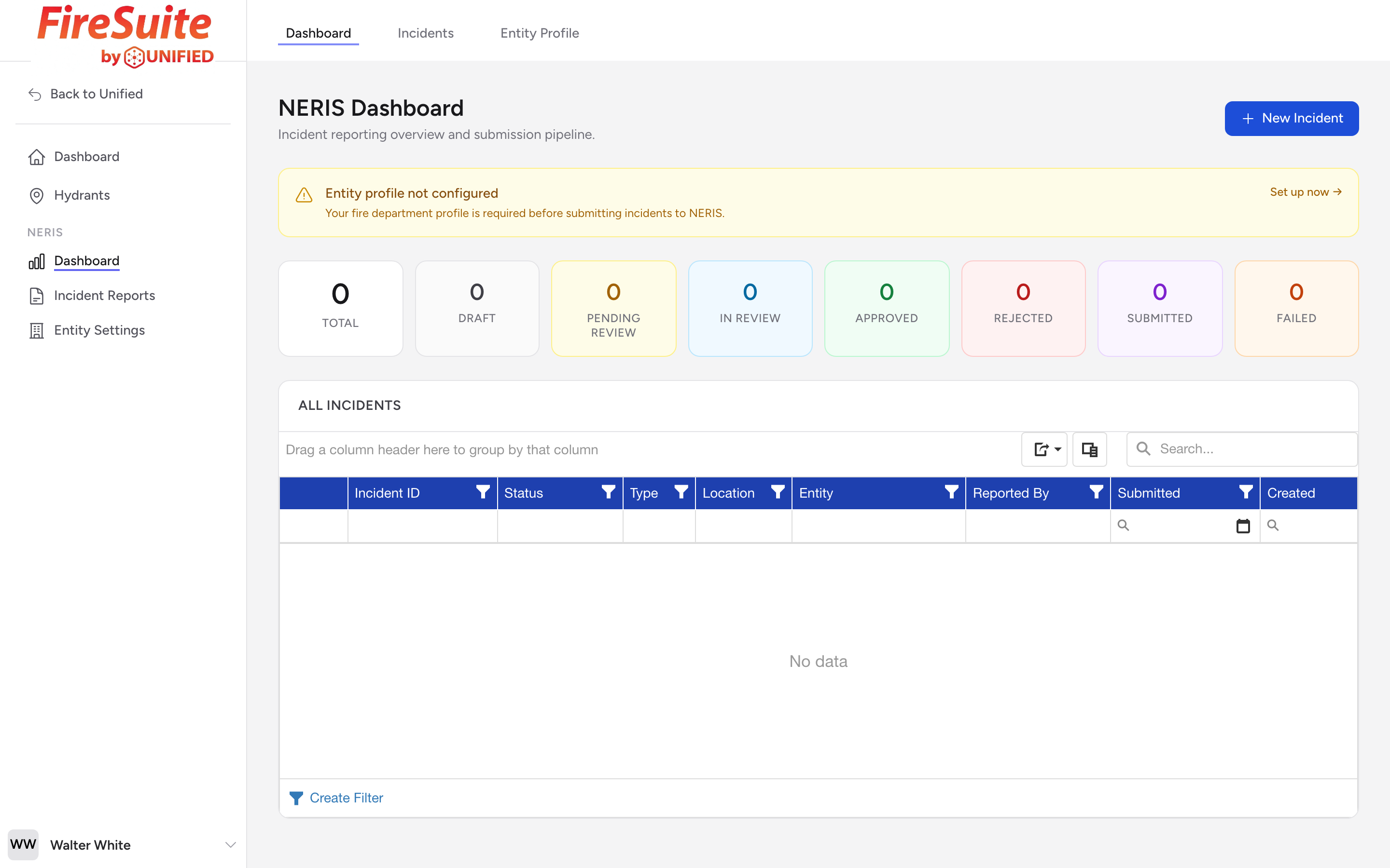 The NERIS Dashboard page with the New Incident button, status cards, attention cards, and the All Incidents grid.