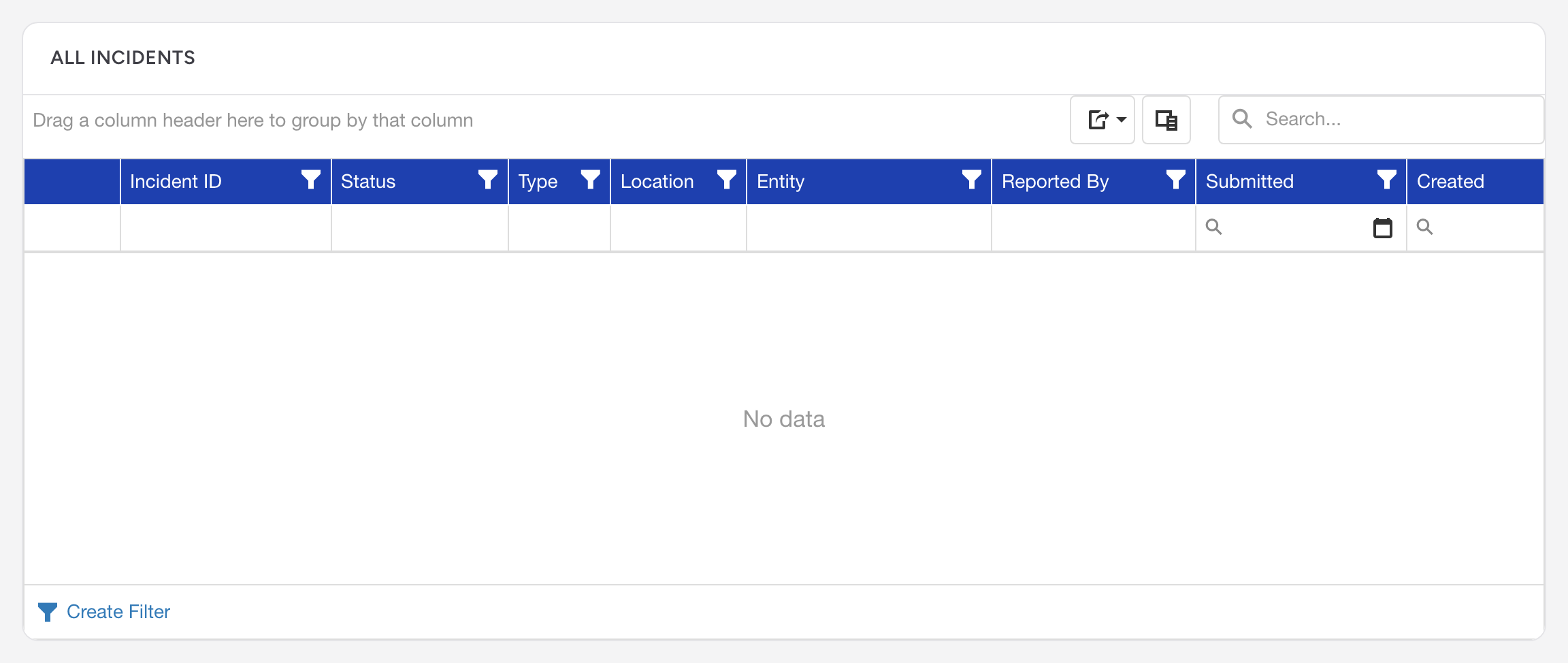 The All Incidents grid on the NERIS Dashboard with columns for Incident ID, Status, Type, Location, Entity, and Reported By.
