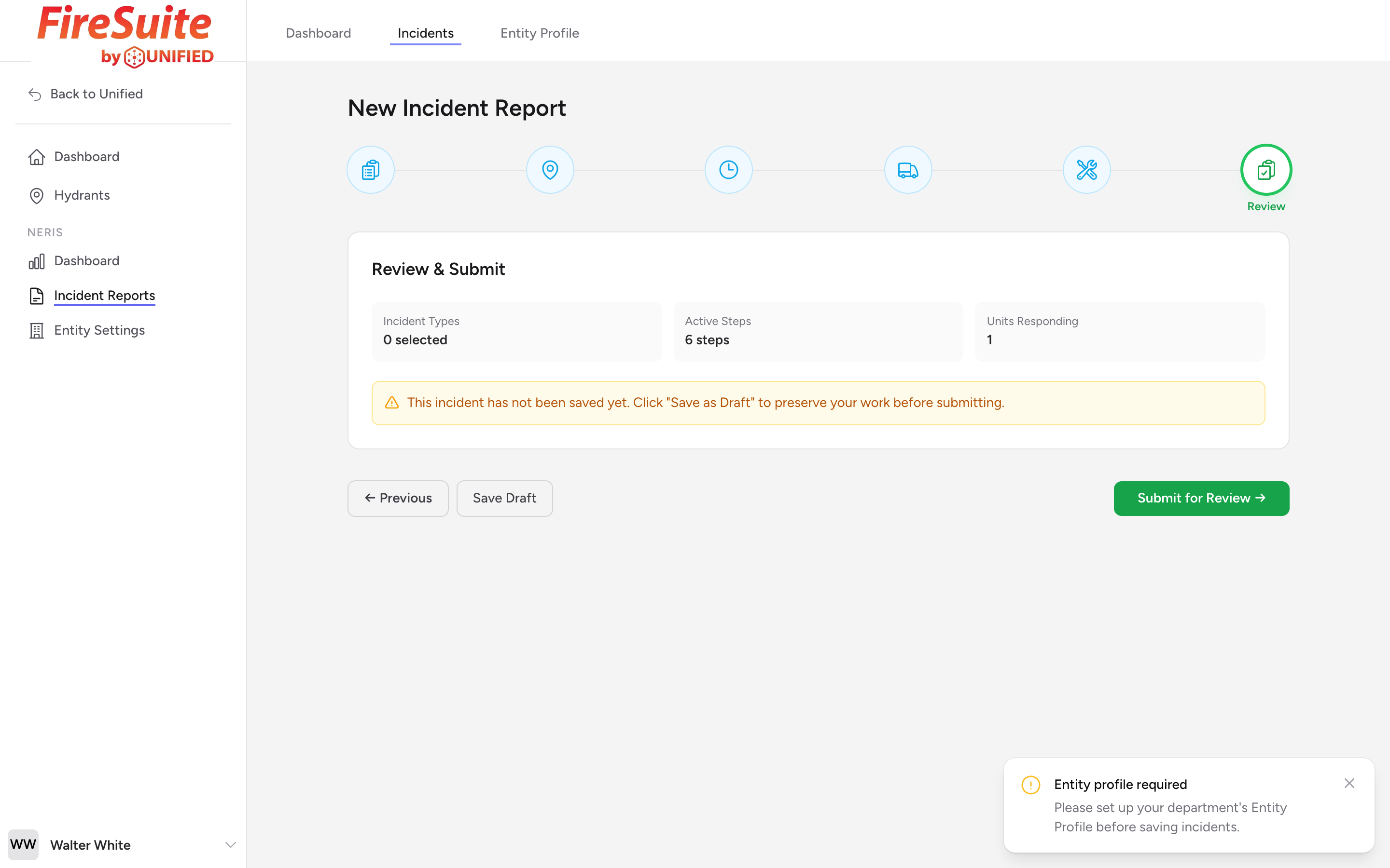 The Review and Submit step showing summary cards for incident types, active steps, and units responding, with the Submit for Review button at the bottom.