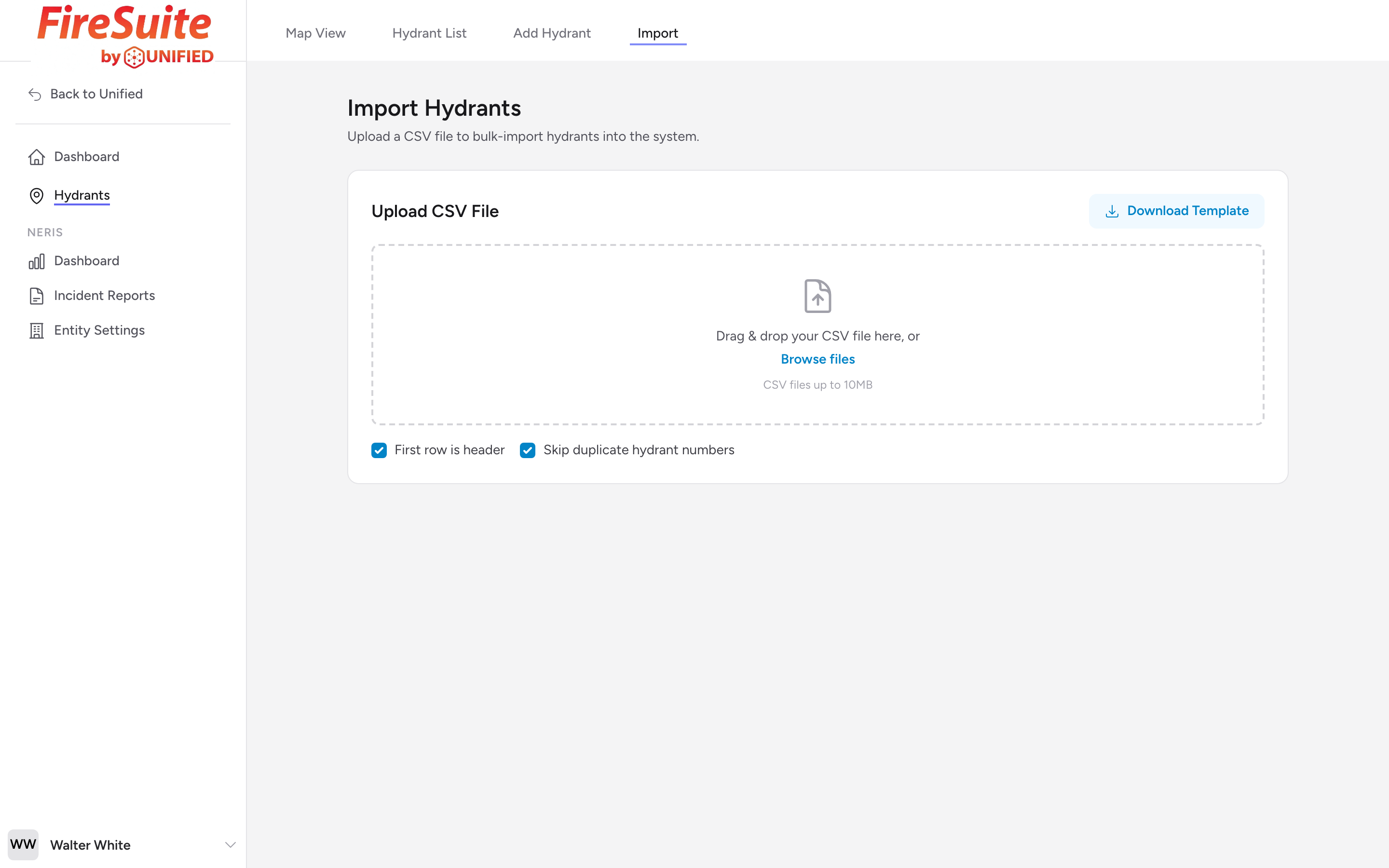 The Import Hydrants page with a CSV upload area and Download Template button.