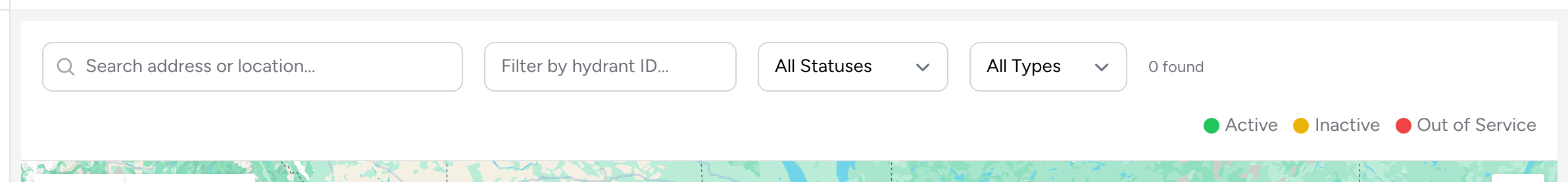 The hydrant map filter bar with address search, hydrant ID filter, status, and type dropdowns.