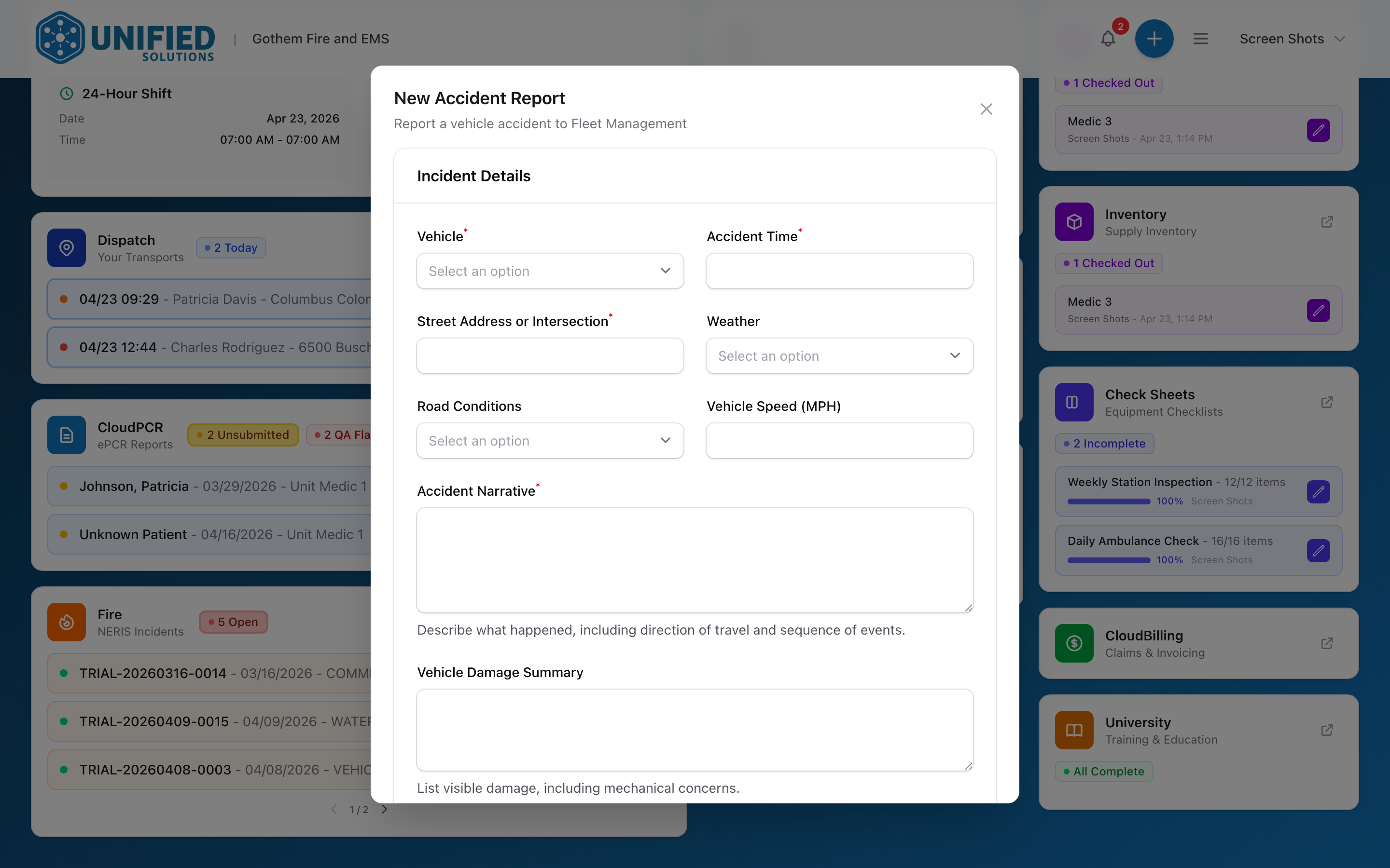 The New Accident Report form with vehicle, location, weather, narrative, and damage fields.