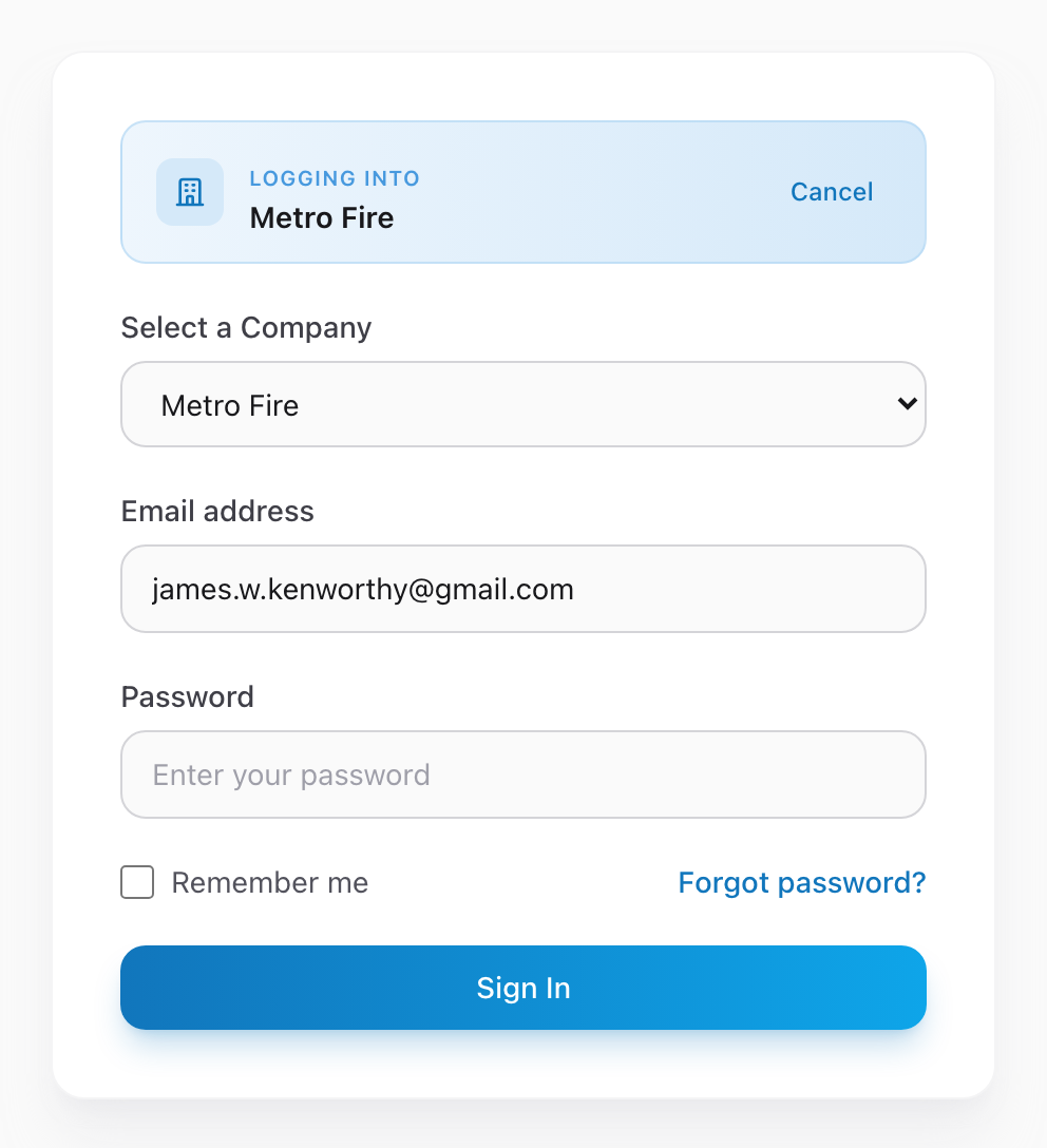 The sign-in page with a Logging into banner and a Select a Company dropdown expanded, showing the agencies the account can access.