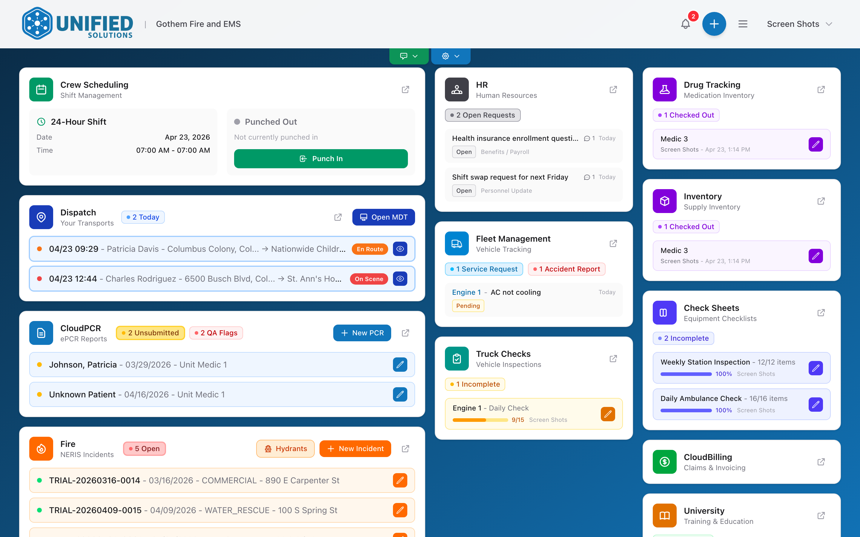 The Unified Solutions dashboard with application tiles.