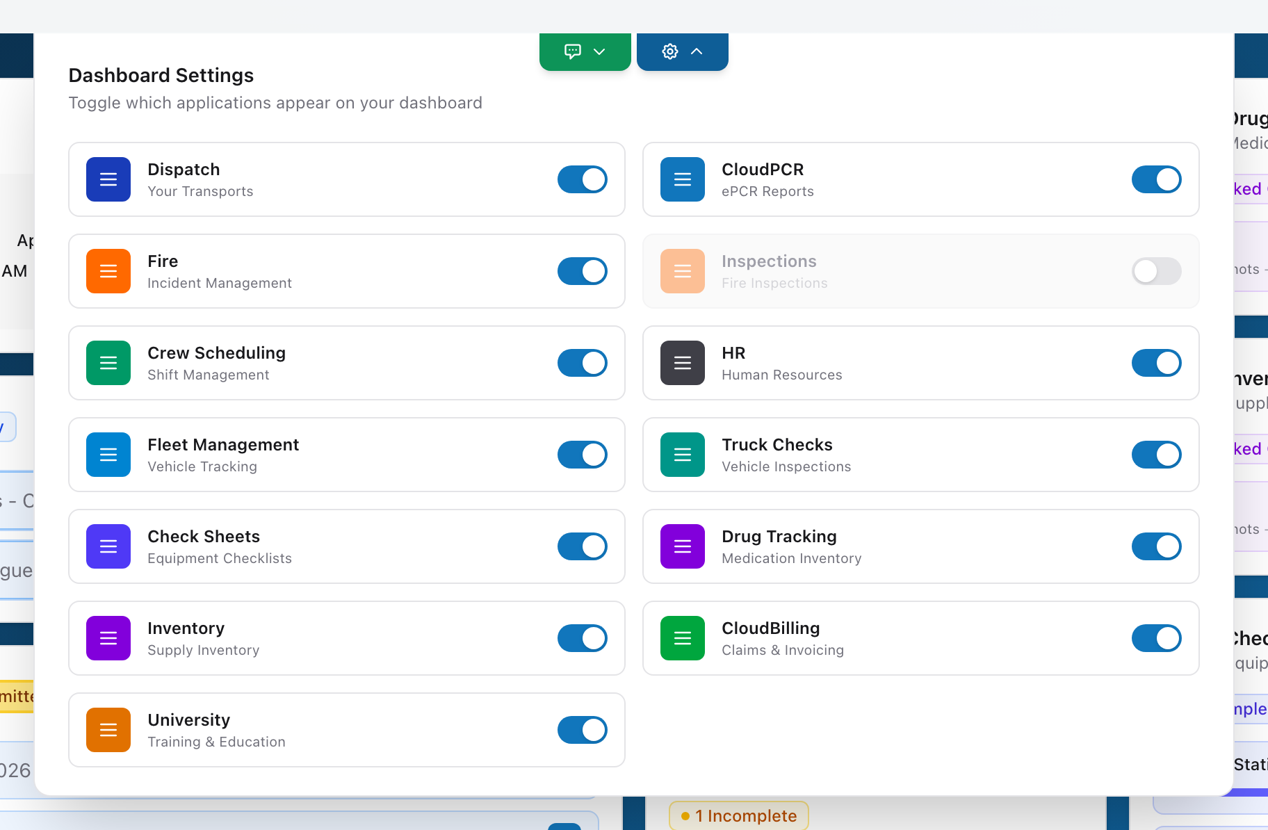 The Dashboard Settings panel with toggle switches for each application tile.