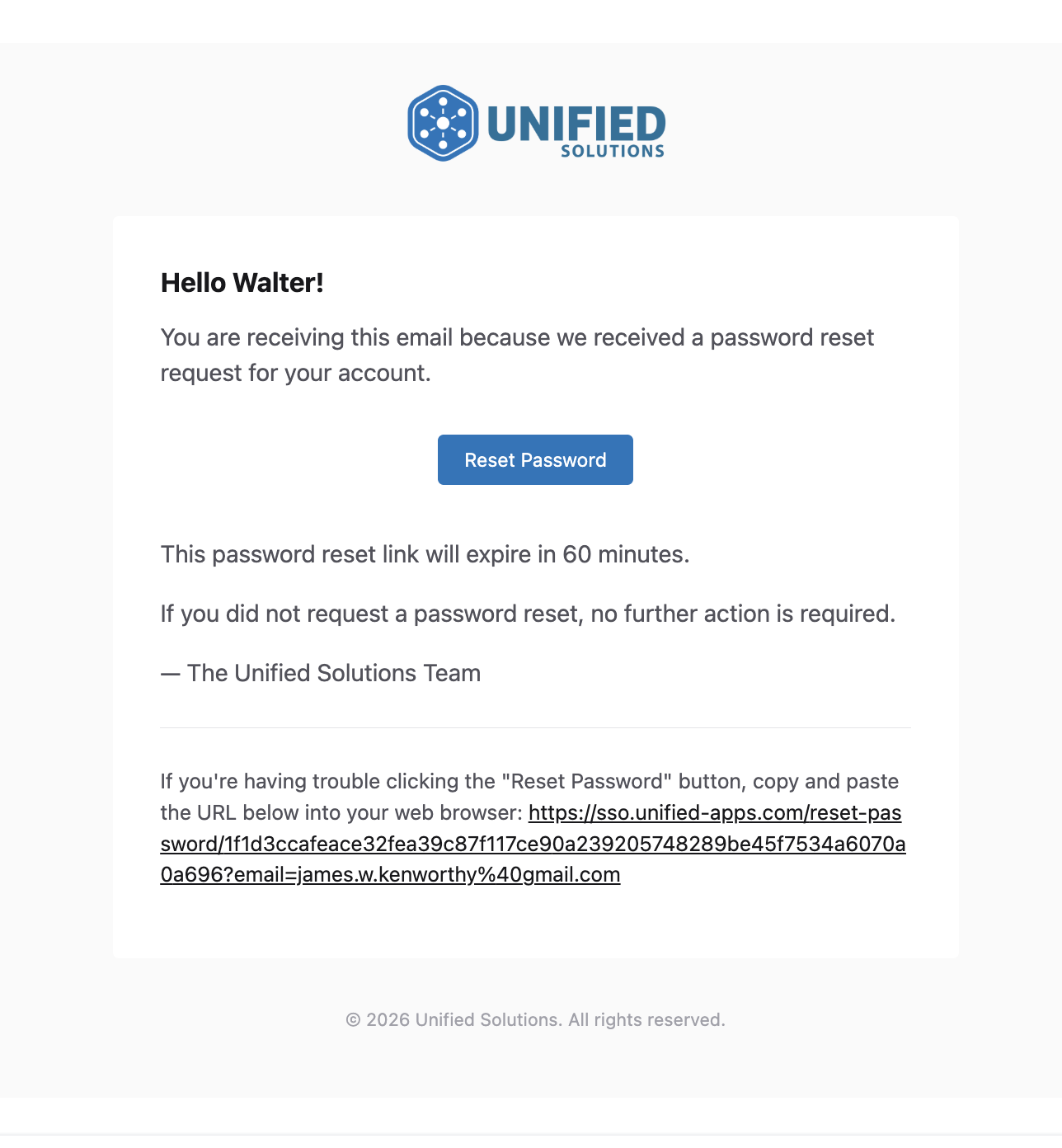 The Unified Solutions password reset email with a Reset Password button.