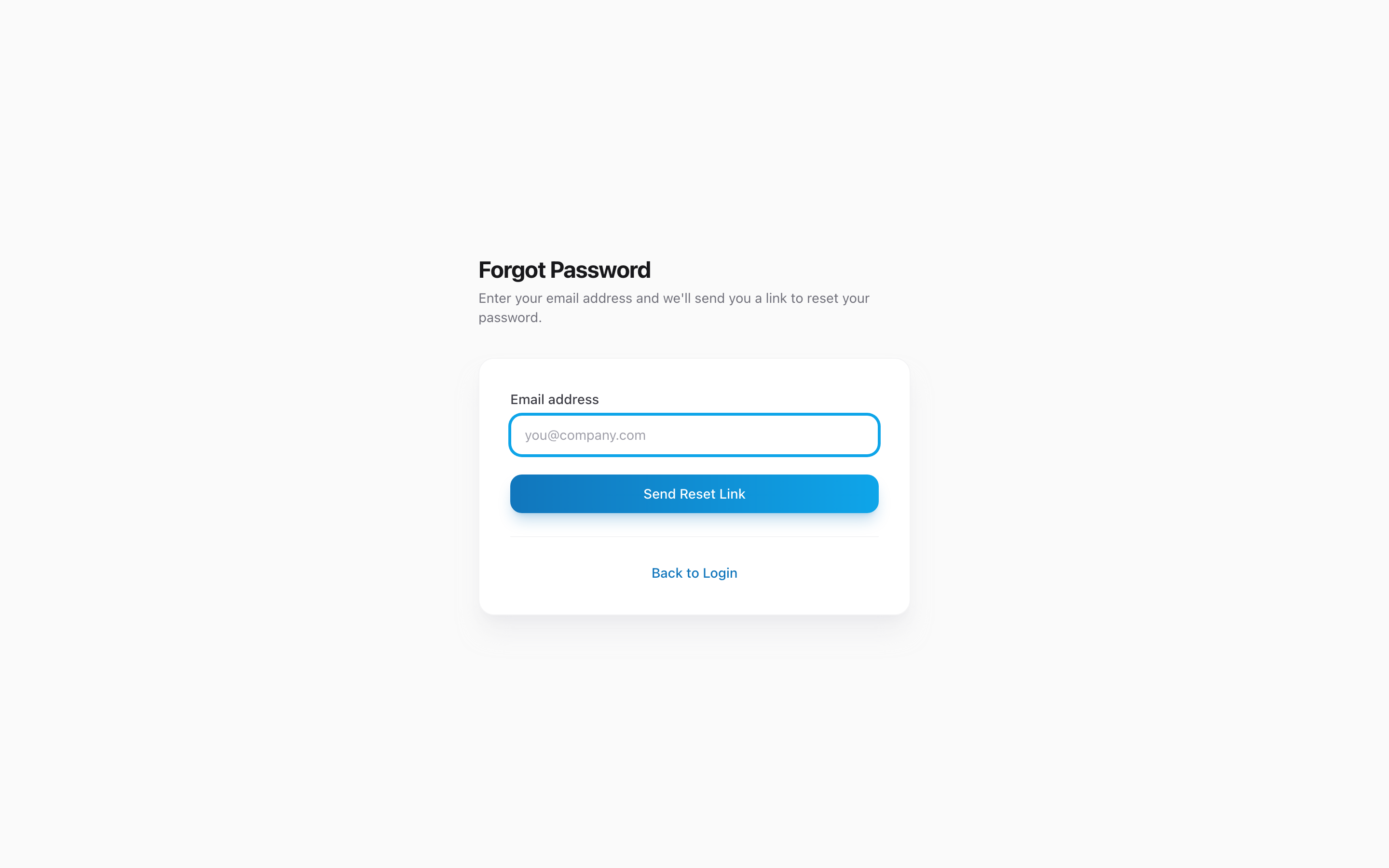 The Forgot Password page with an email field and Send Reset Link button.