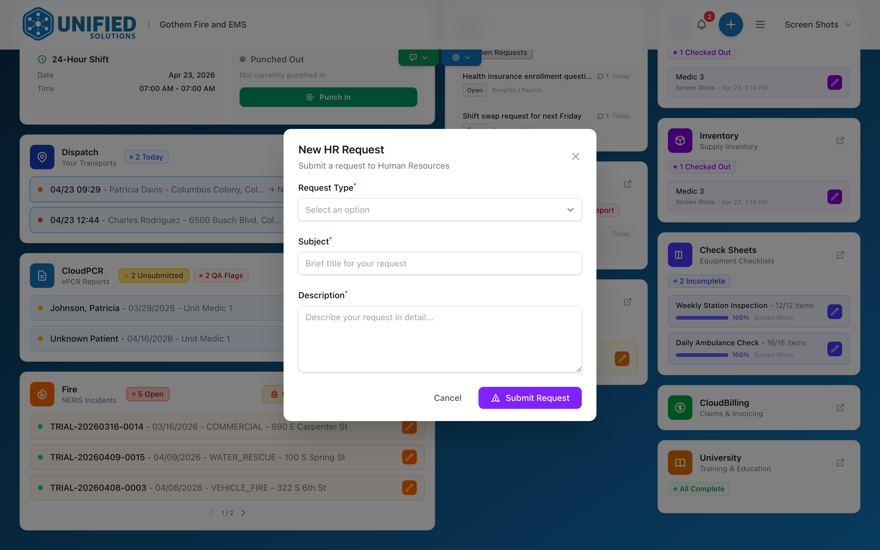 The HR Request form with Request Type, Subject, and Description fields.