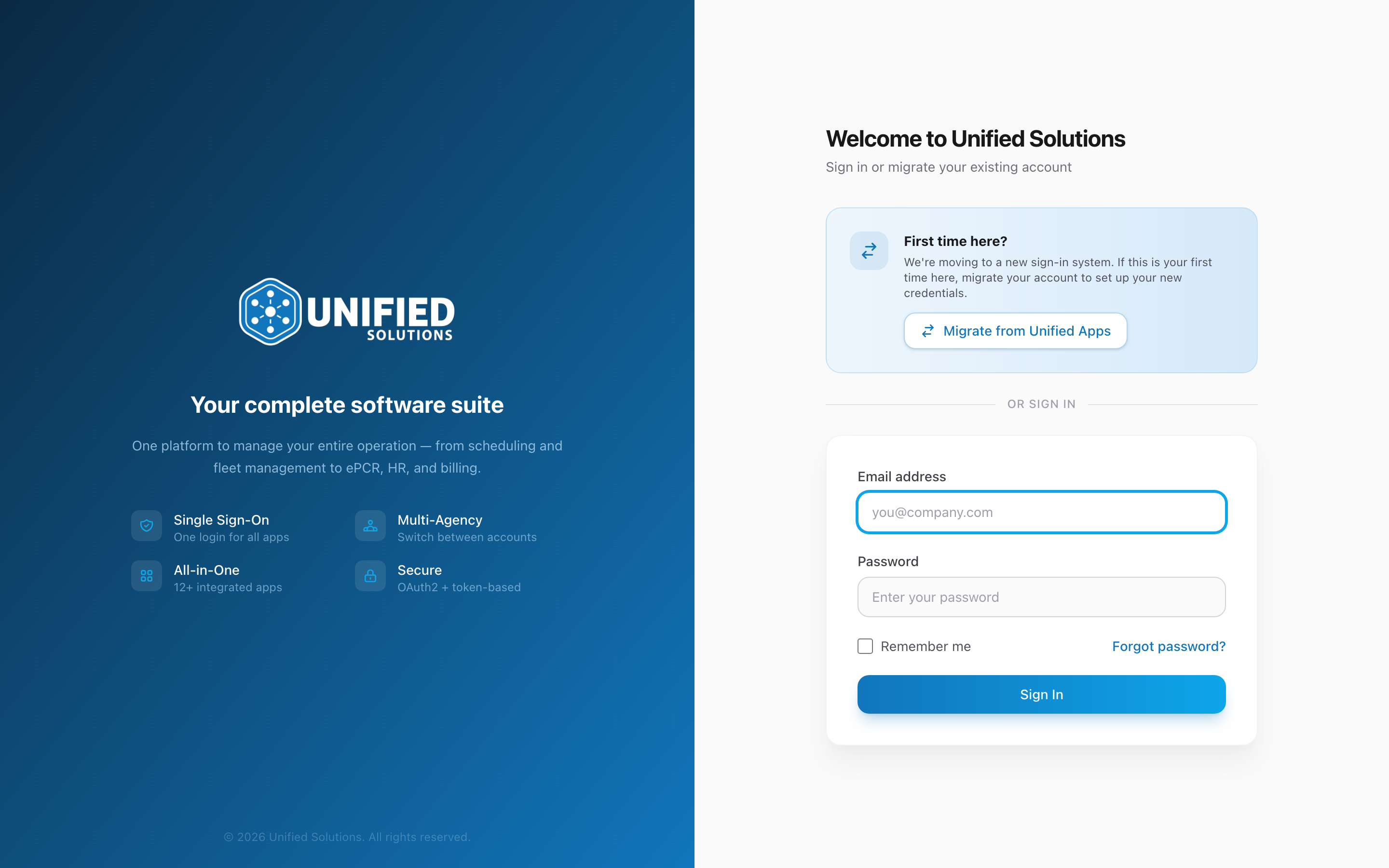 The Unified Solutions sign-in page with email and password fields.