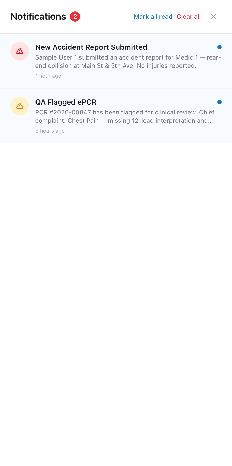 The notifications drawer open, showing recent alerts with a Mark all read link.