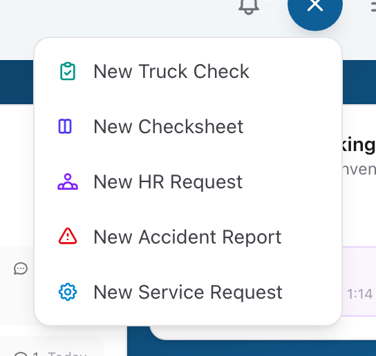The quick actions menu expanded, showing shortcuts for truck checks, checksheets, HR requests, accident reports, and service requests.