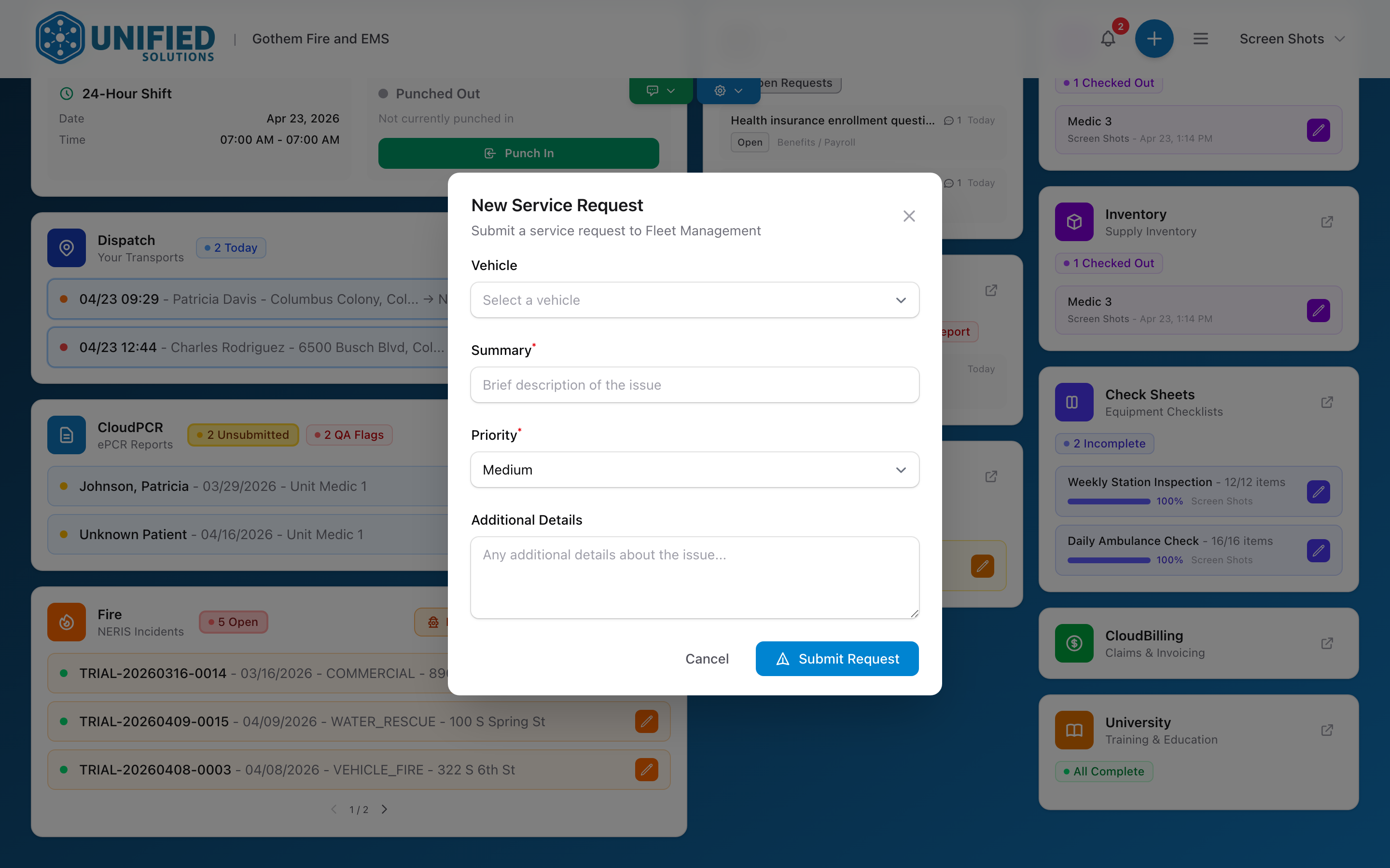 The Service Request form with vehicle, summary, priority, and additional details fields.