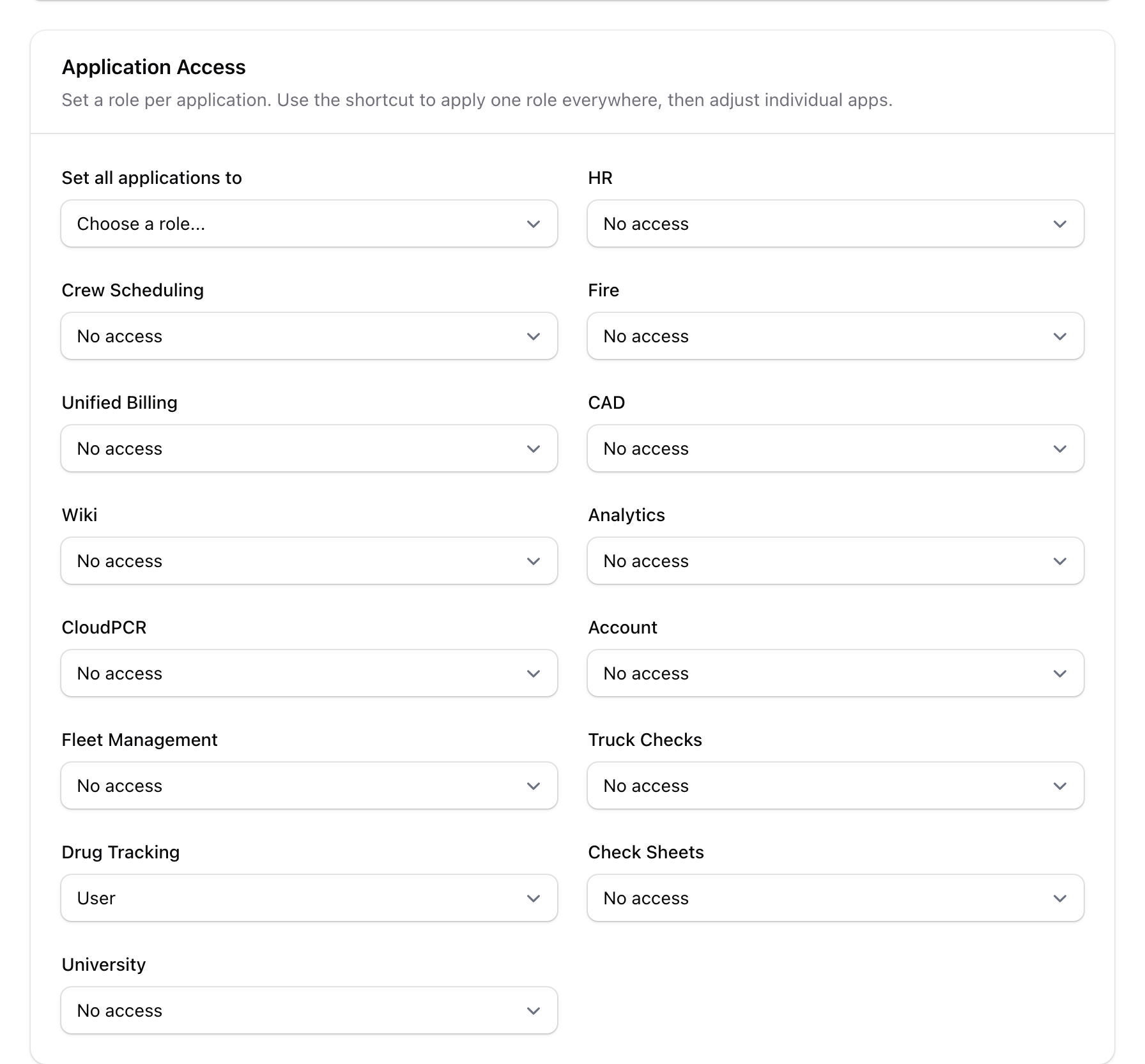 The Application Access section of the user edit panel, with a role selector for each application the agency uses.
