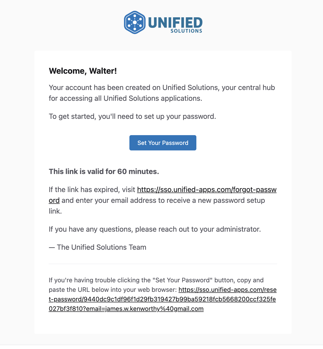 The Unified Solutions welcome email with a link to set your password.