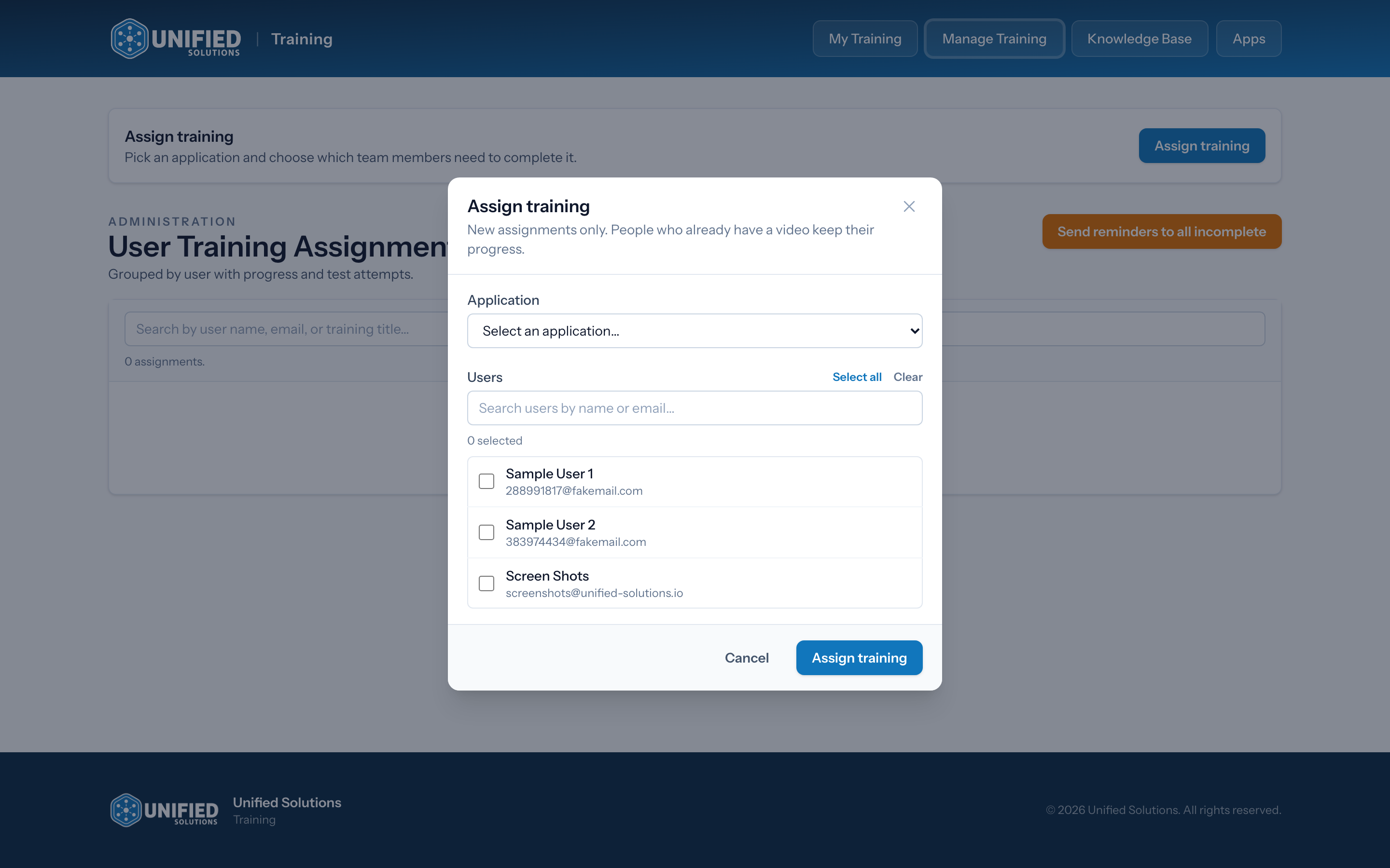 The Assign training window with an application chosen and team members selected.