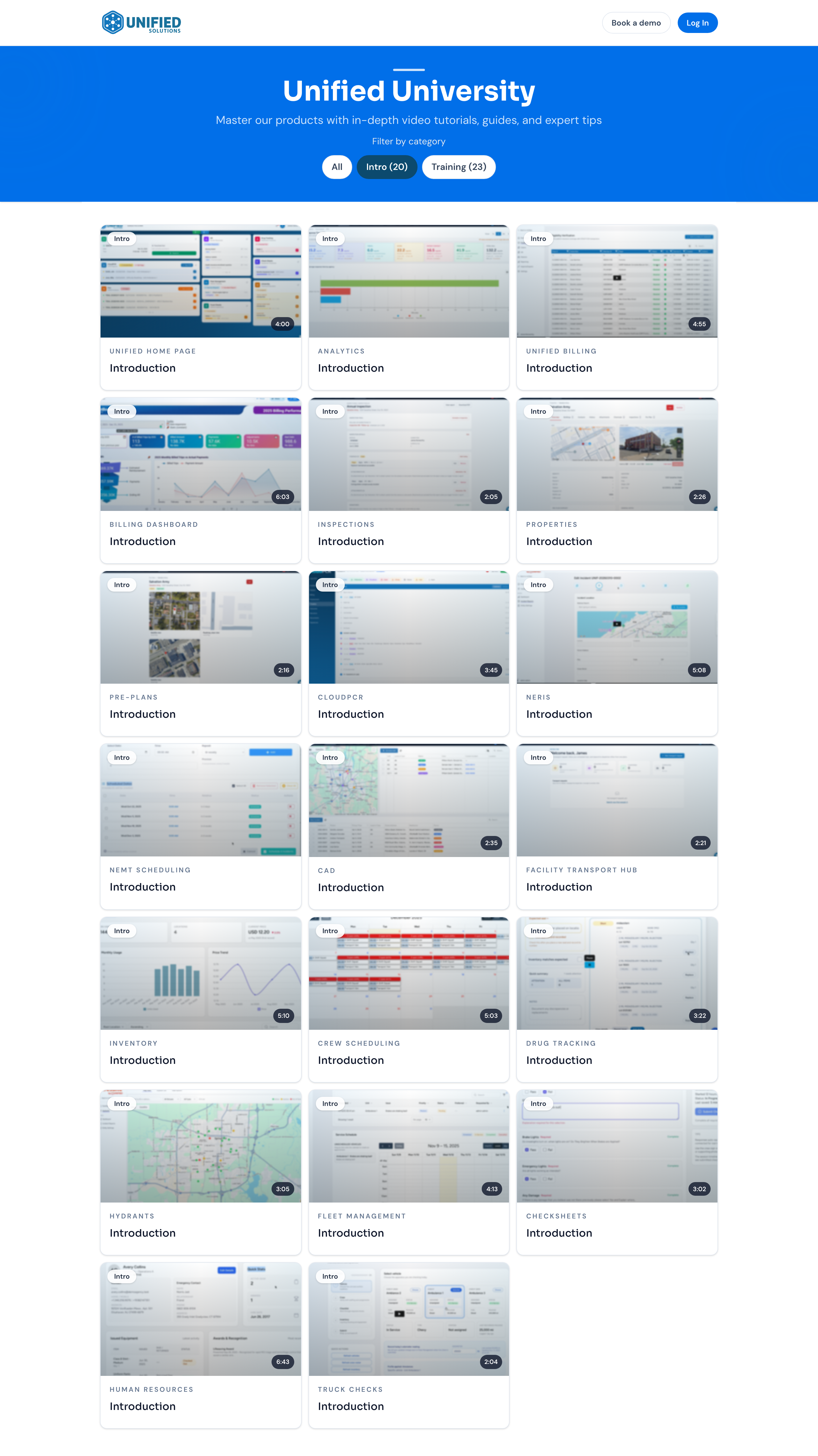 The training catalog with category filter buttons and a grid of lesson cards.