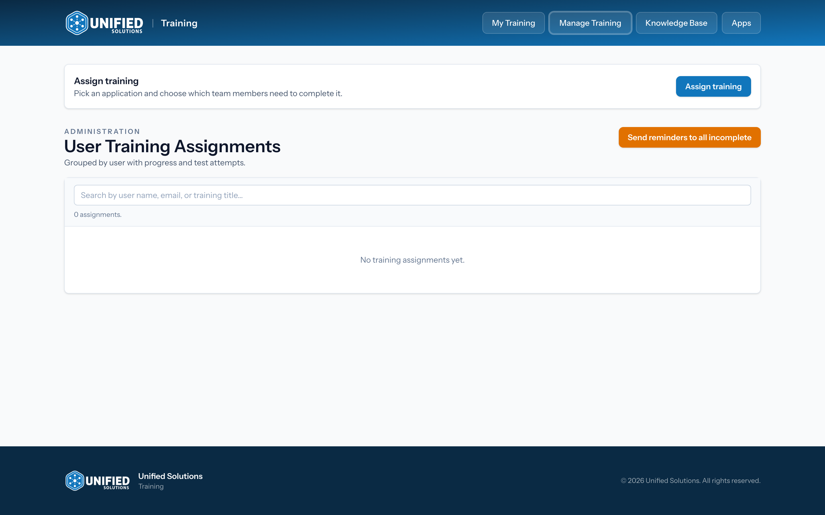 The Manage Training page with the assign training panel and the user assignments table.