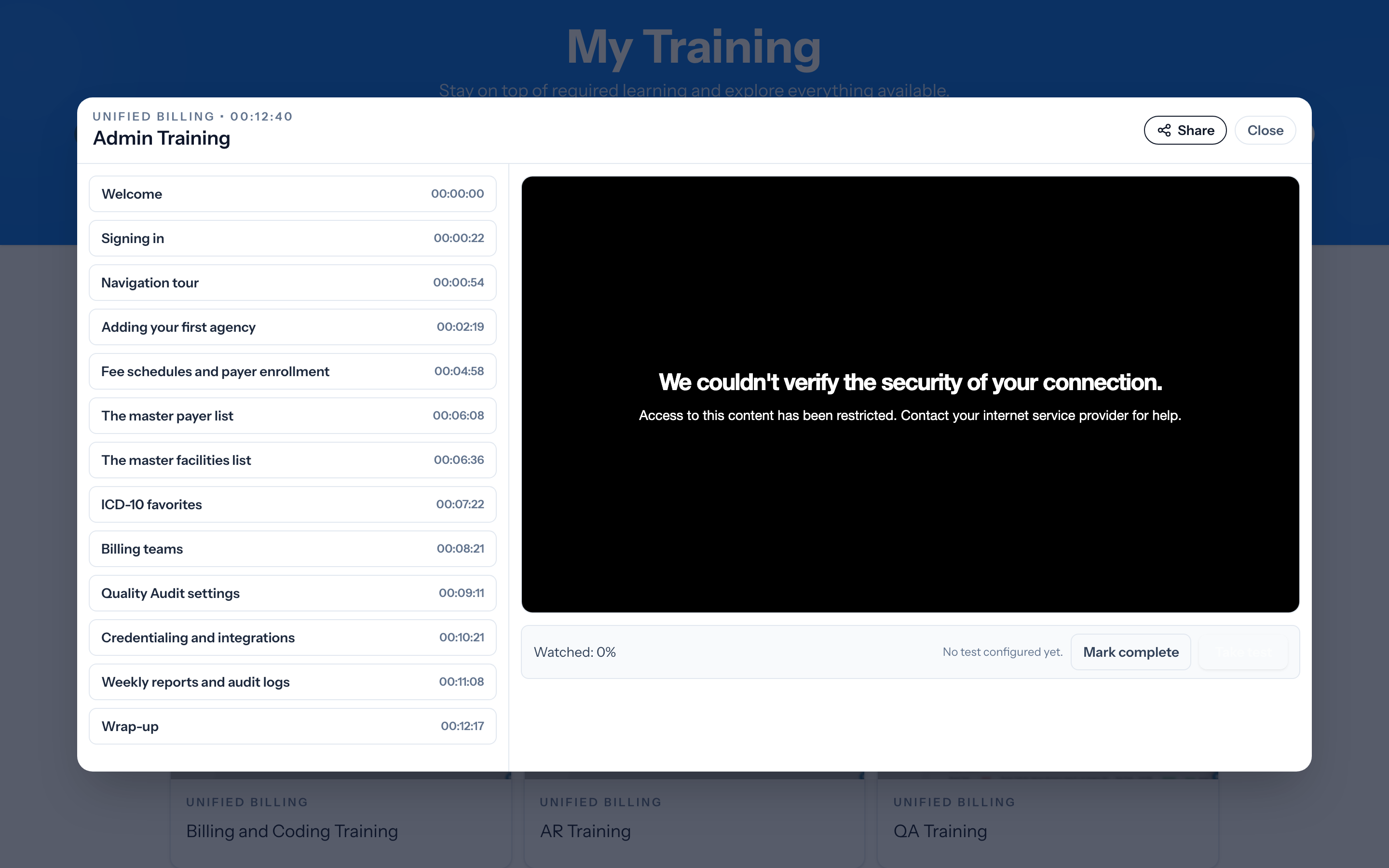 A training lesson playing with the chapter list beside the video.