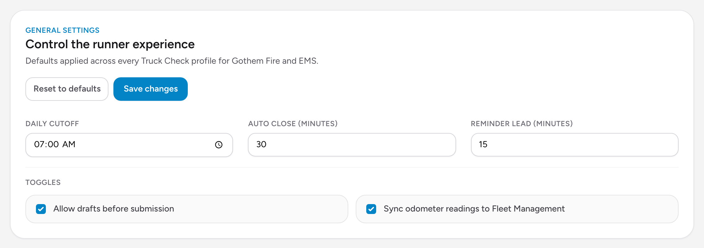 The Truck Checks Admin configuration panel with daily cutoff, auto close, reminder lead, draft toggle, and odometer sync settings.