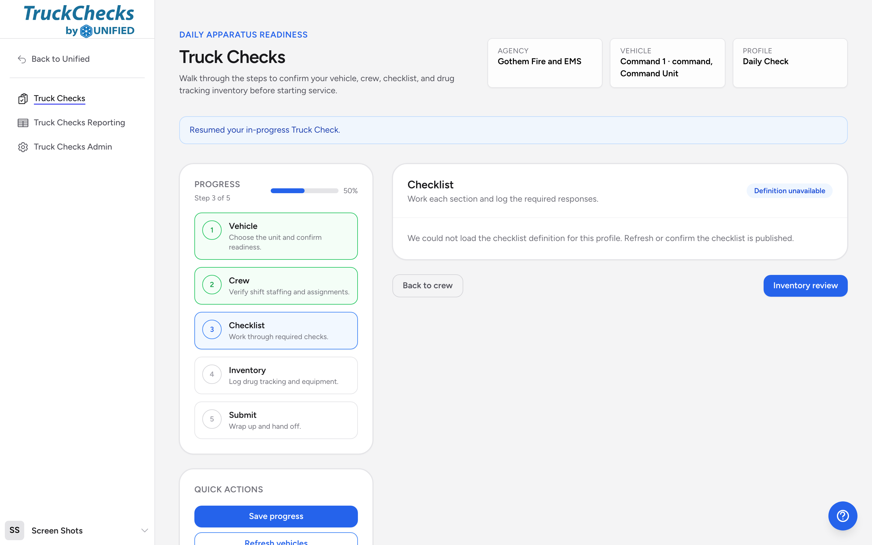 The checklist step of a truck check, with sections of inspection items and pass/fail or other response controls.