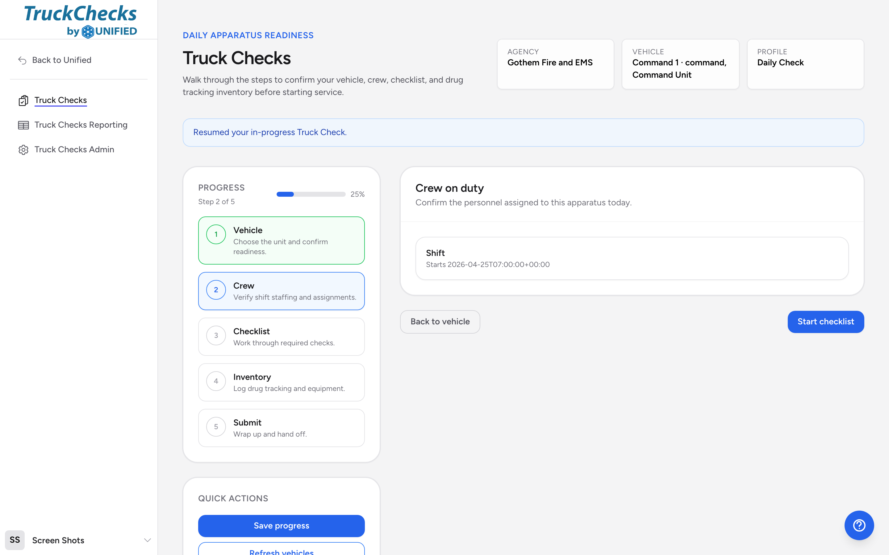The crew step of a truck check, showing the Crew on duty panel with shift blocks or a manual crew entry form.