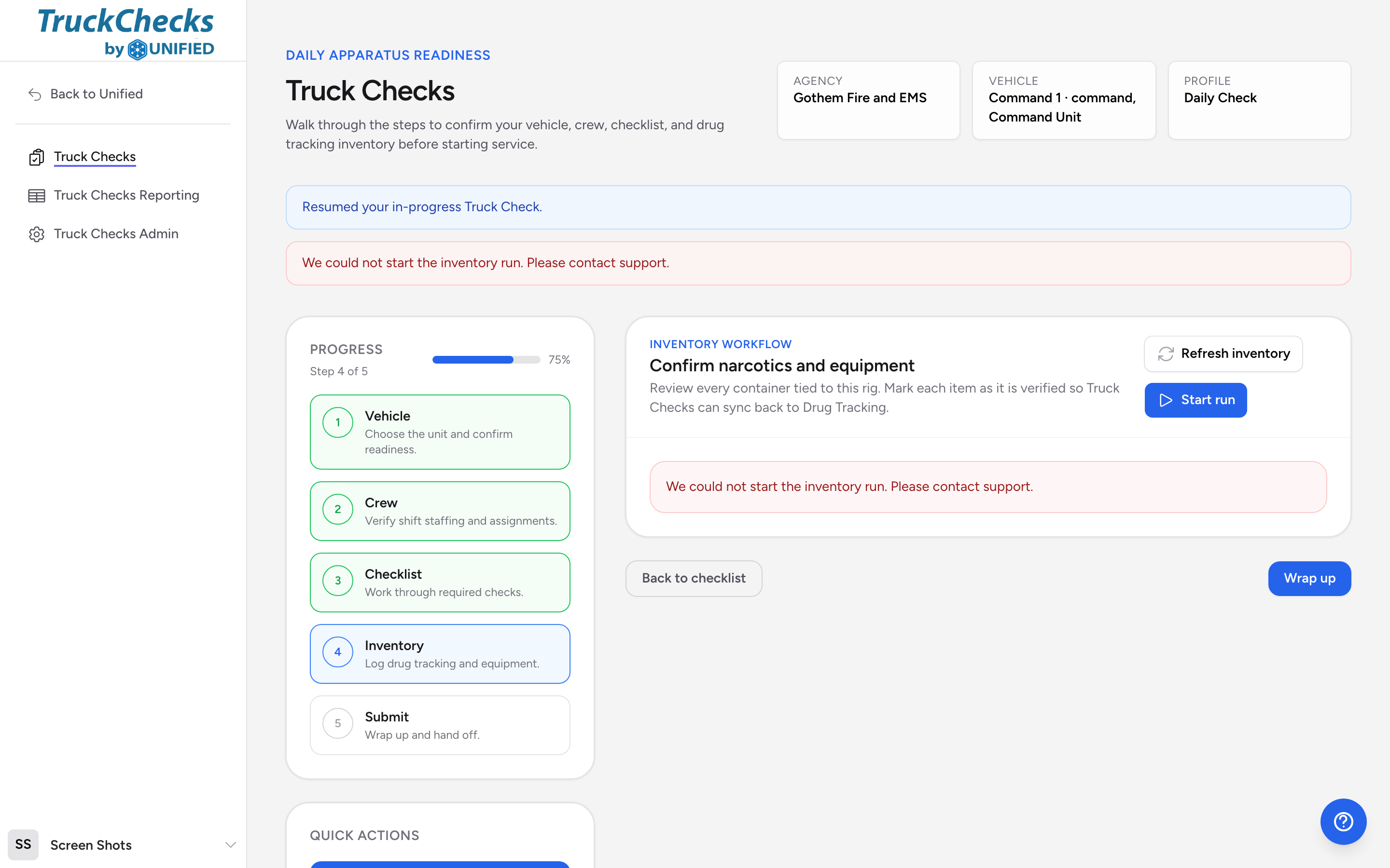 The inventory step of a truck check, where containers and their items are listed for verification.