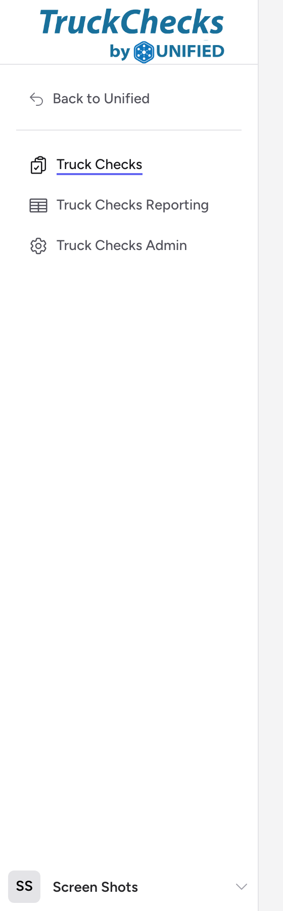 The Truck Checks sidebar with Truck Checks, Truck Checks Reporting, and Truck Checks Admin menu items.